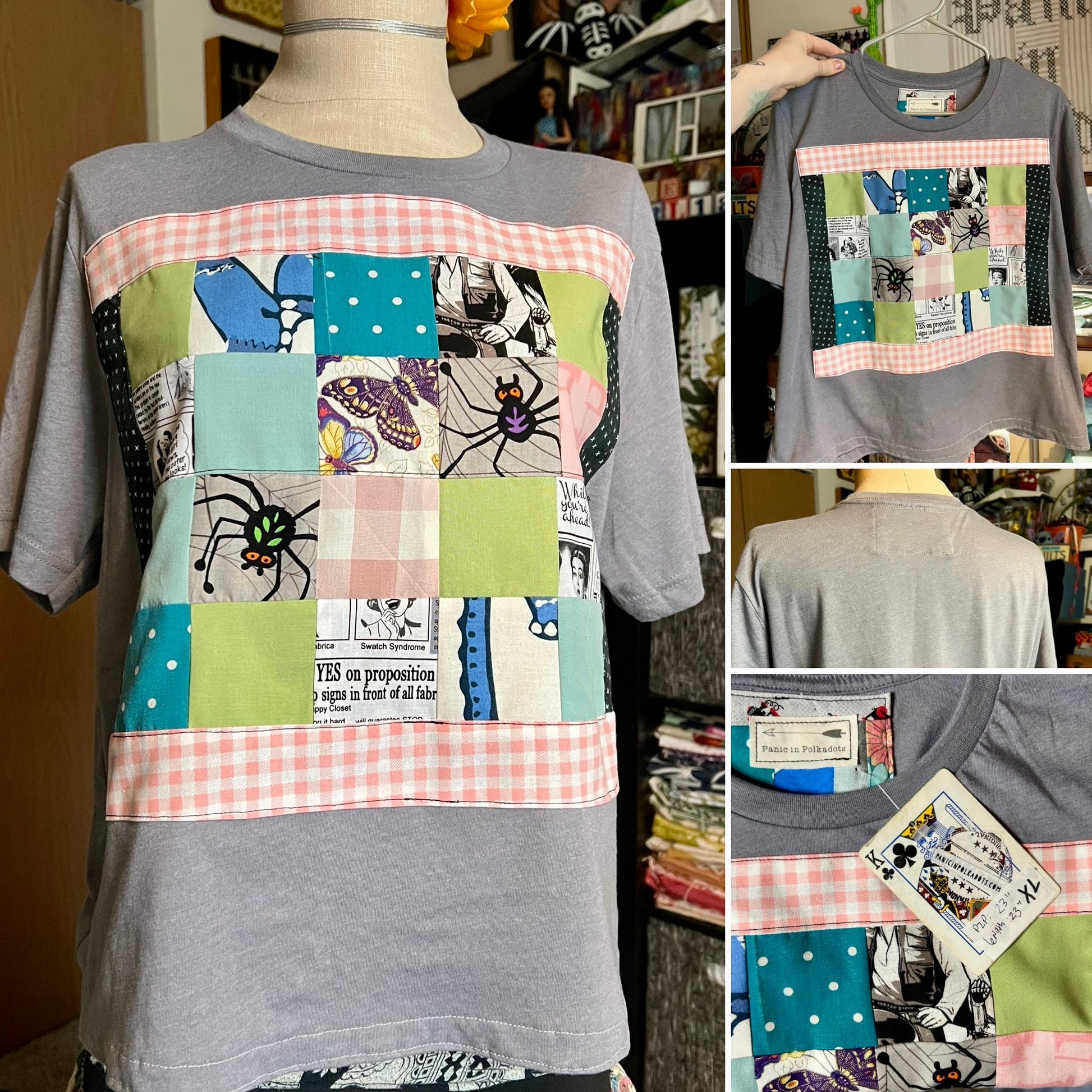 Gray t-shirt with colorful patchwork design on a mannequin and close-up views.