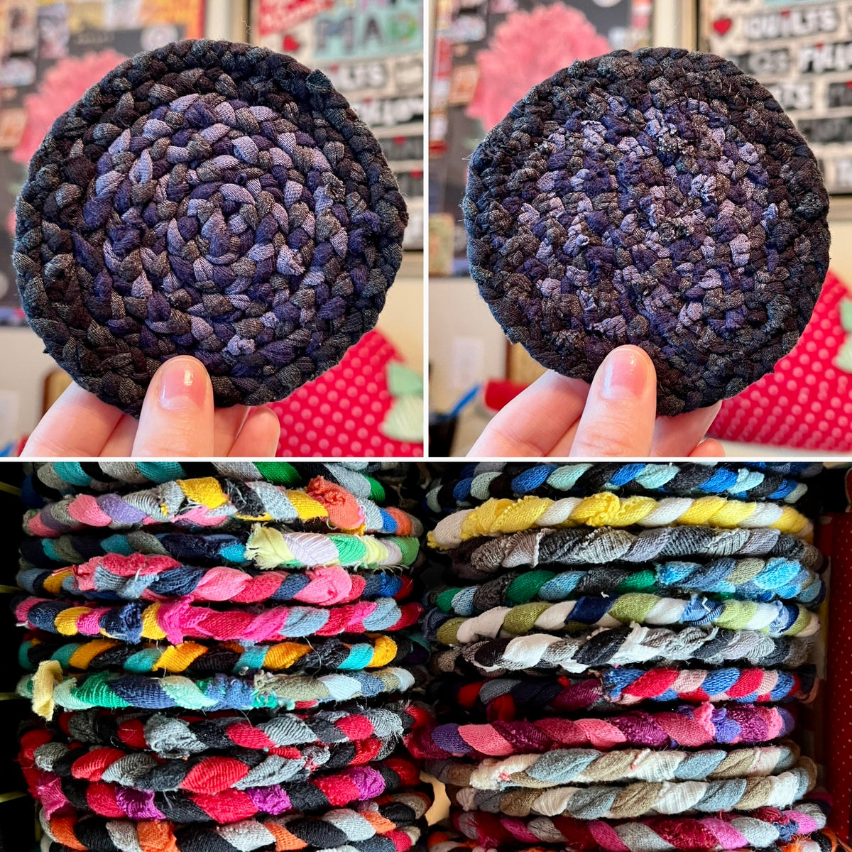 A collage showing handmade braided rope coasters in two dark navy/black tones, held in a hand, with stacks of colorful tshirt coasters displayed below.