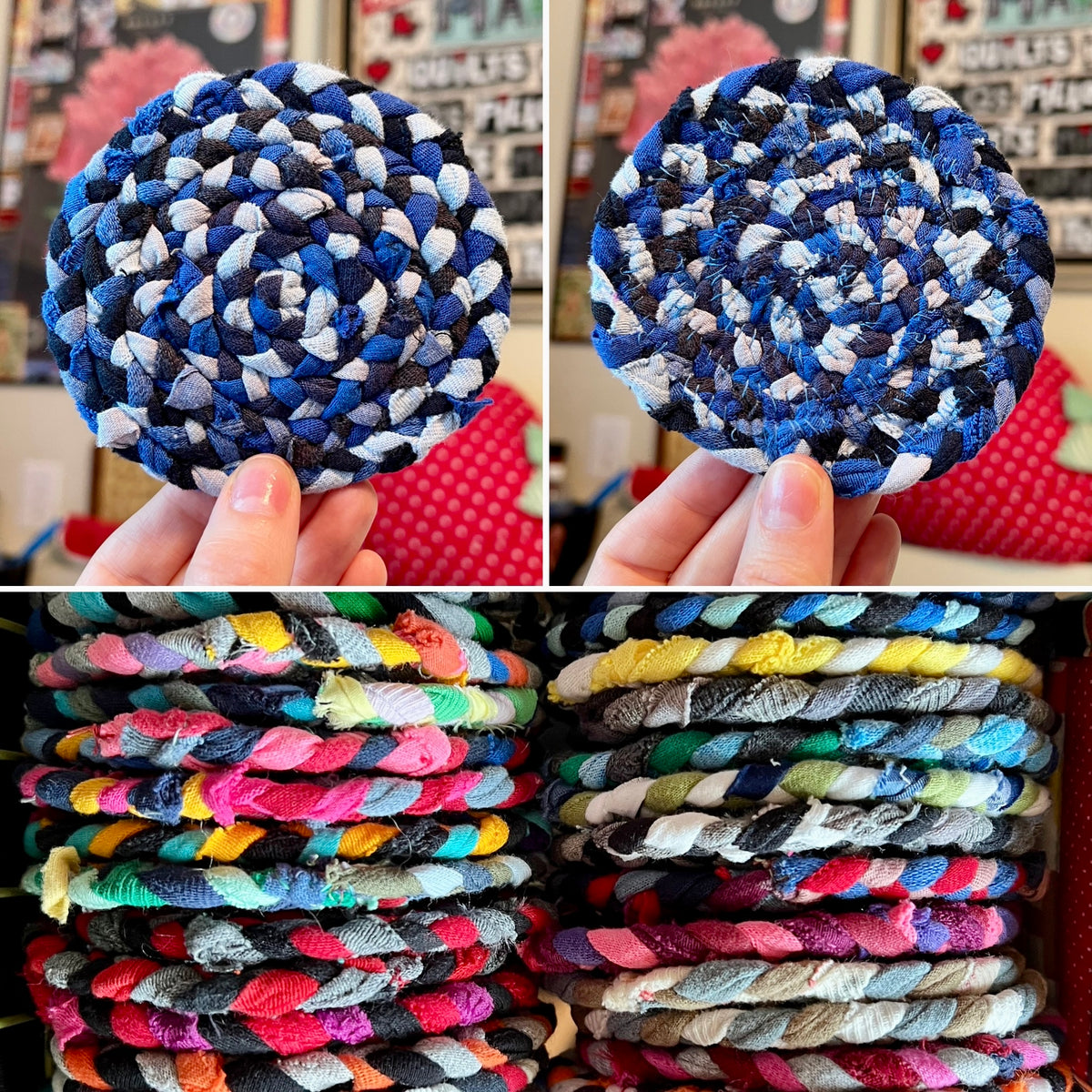 A collage showing handmade braided fabric coasters. The top two panels show a round blue, white, and black braided coaster being held in a hand.