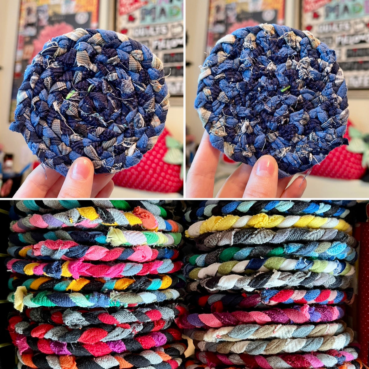 A collage showing handmade braided fabric coasters or trivets being held in hands, with stacks of many colorful similar items in the background. The top two panels focus on a blue-and-gray braided coaster, and the bottom panels show multiple color options.