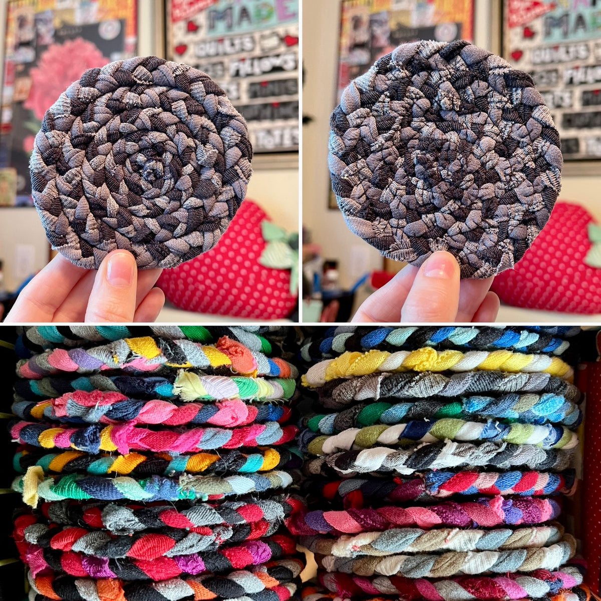 A collage showing handmade braided fabric coasters in two close-up views and a stack of many colorful coasters. A hand is visible holding one coaster, showing front and back views.