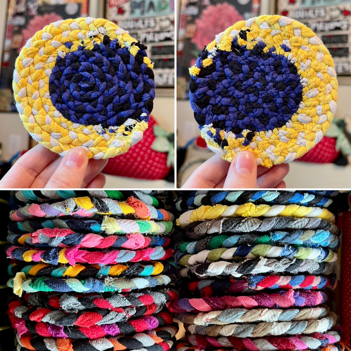 A collage showing handmade braided fabric coasters in two views: one held in a hand to show the circular shape and layered braided pattern, and another close-up of the coaster texture. The bottom panel shows stacks of many colorful coasters in a box or display.