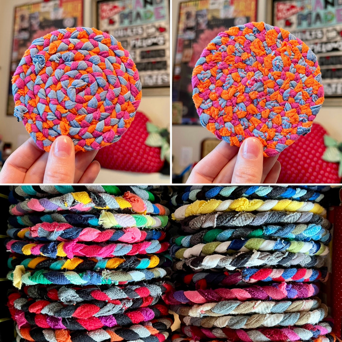 A collage showing handmade braided round coasters in multiple colors. The top half shows two hands holding up two colorful braided coasters, while the bottom half shows stacks of various braided coasters in different colors.