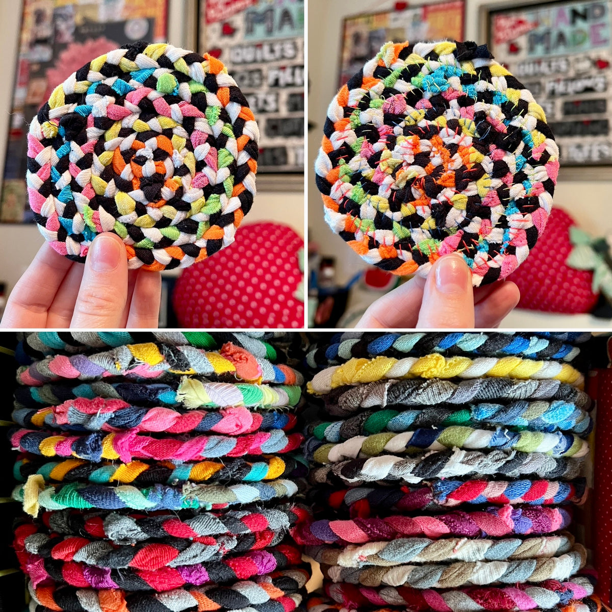 A collage showing handmade braided rope coasters in multiple colors. The top two panels show a circular braided coaster being held by a hand, and the bottom two panels show stacks of similar braided coasters in various color combinations.