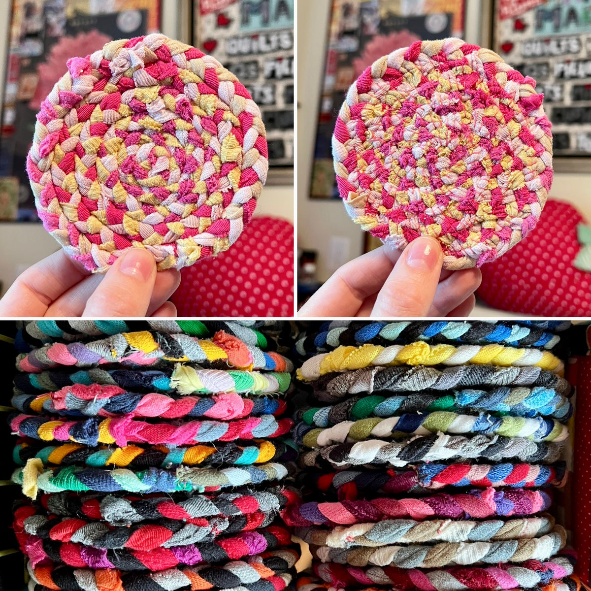 A collage showing handmade braided rope coasters or trivets made from mixed-color fabric strips. The top half shows two circular woven pieces being held in hands, and the bottom half shows stacks of similar colorful rope pieces piled in a box.