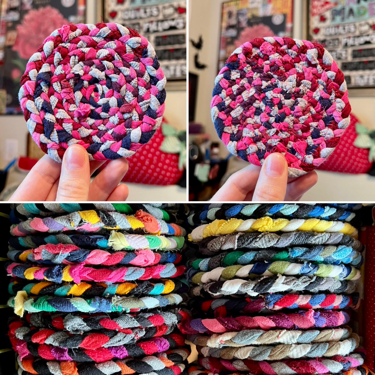 A collage showing handmade braided coasters being held in hands, with stacks of many colorful rope pieces in the background. The product appears to be circular braided tshirt coasters in mixed bright colors.