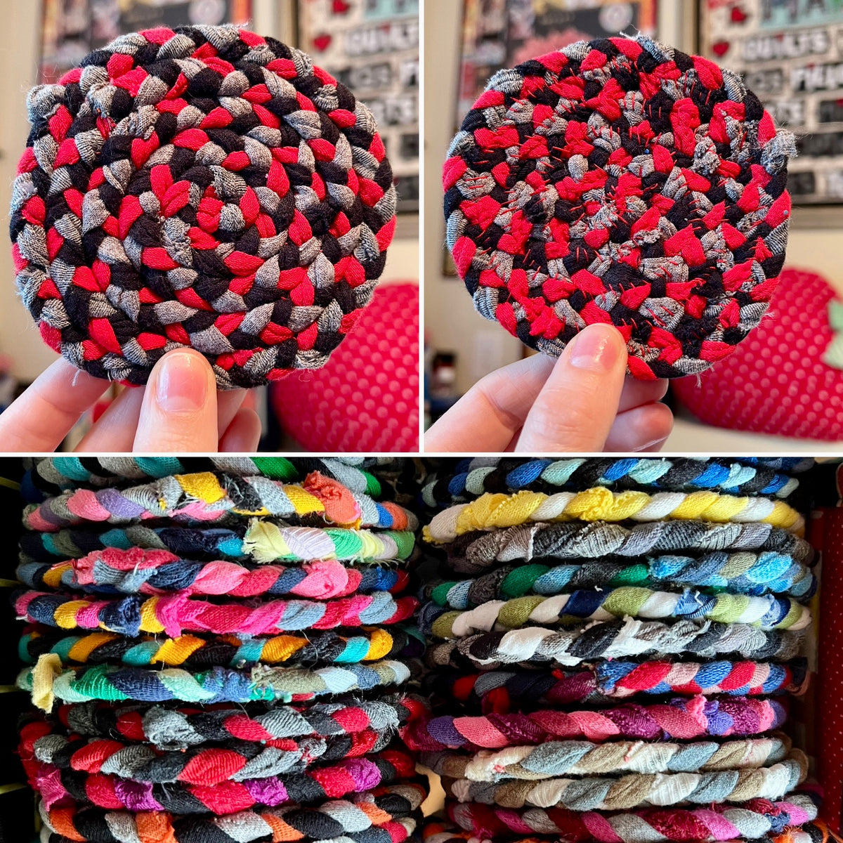 A collage showing handmade braided coasters. The top two panels show a round coaster being held by fingers, displaying a red, black, and gray braided pattern.