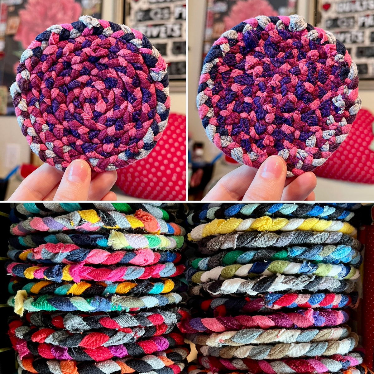 A collage showing handmade braided fabric coasters. The top two panels show a close-up of a round coaster being held by a hand, displaying a braided pattern of pink, purple, and gray.