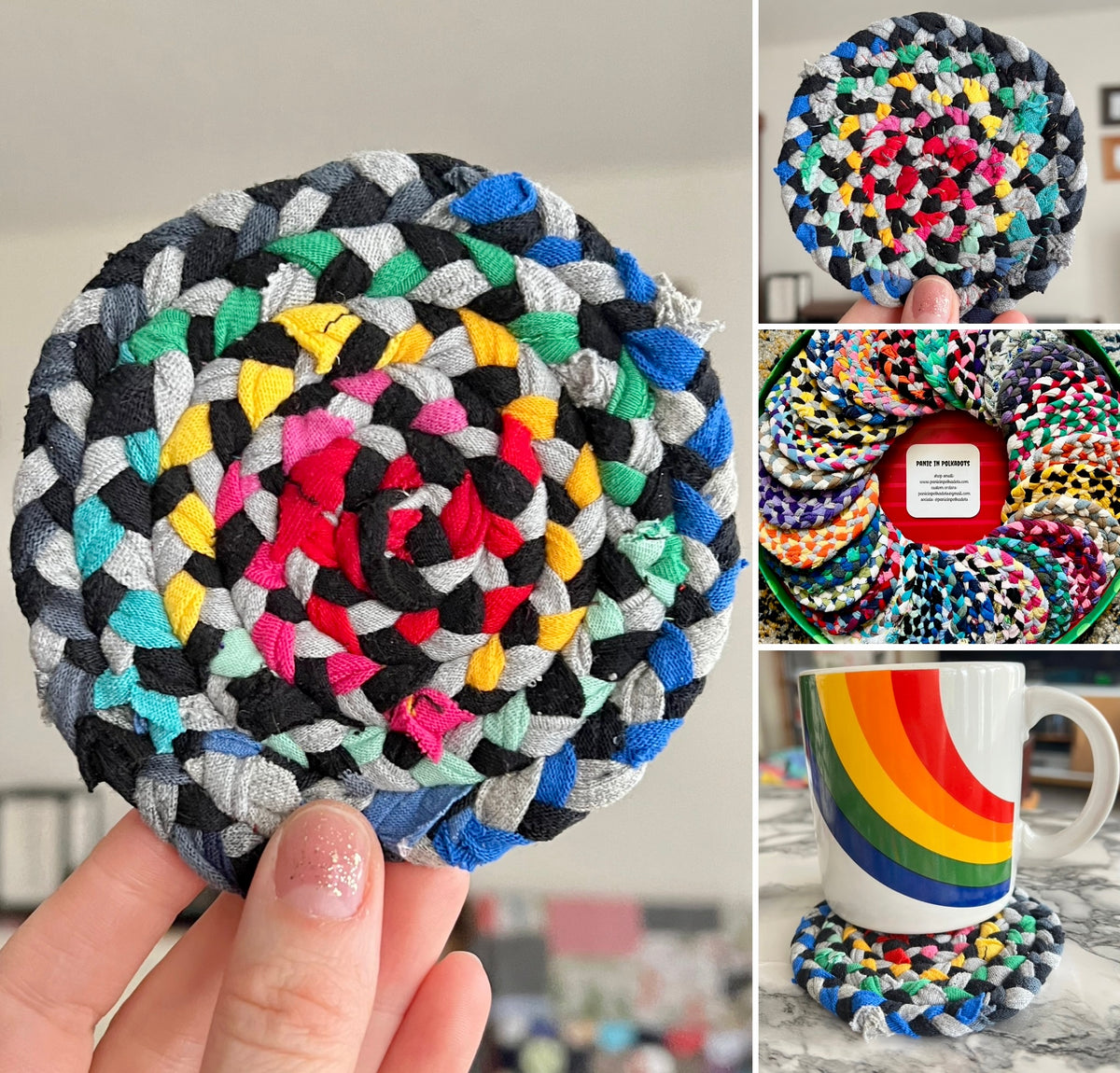 Photo grid showing a Colorful braided coaster held by a hand, with additional coasters and a mug in the background.