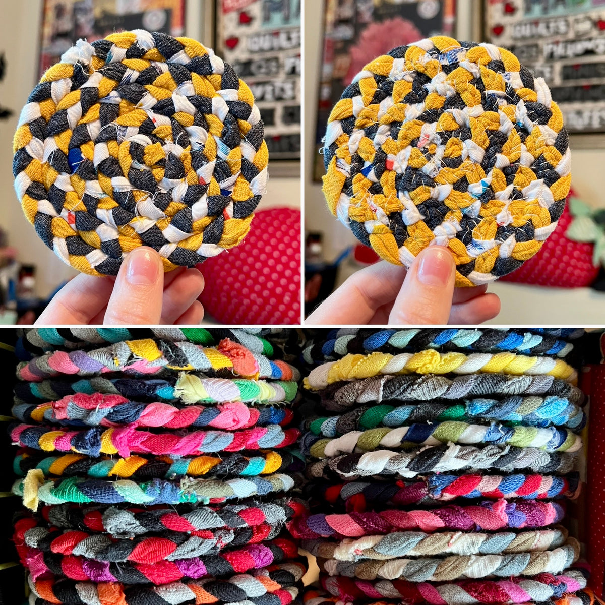 A collage showing handmade braided rope coasters in two close-up views and a stack of many colorful coasters. A hand is holding one coaster in the top panels, and the background includes an indoor setting with framed art and a red cushion.