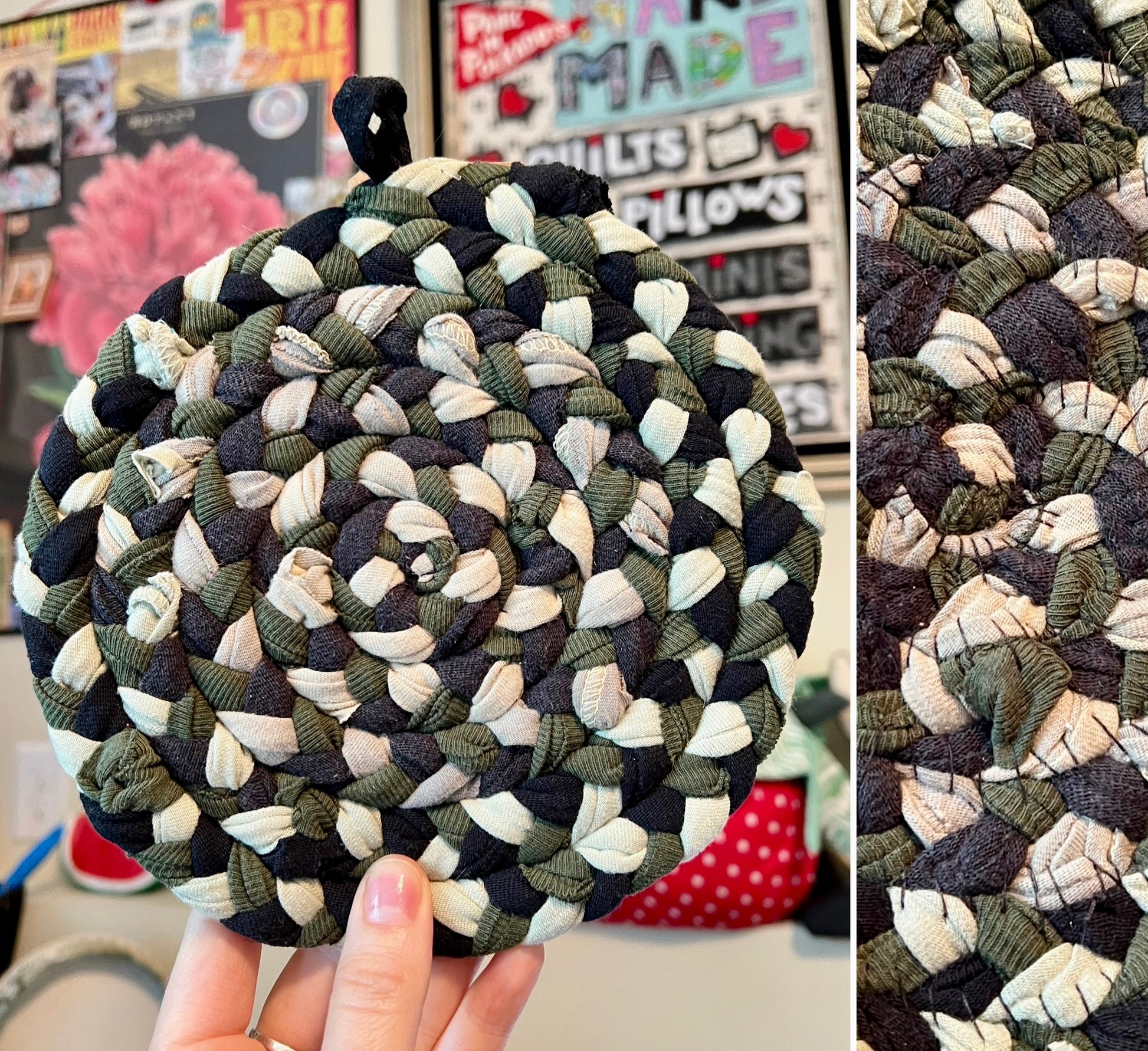A handmade braided trivet in a spiral pattern of black, olive green, and cream, held by a hand. The image includes a close-up inset on the right showing the detailed texture of the hand stitches.