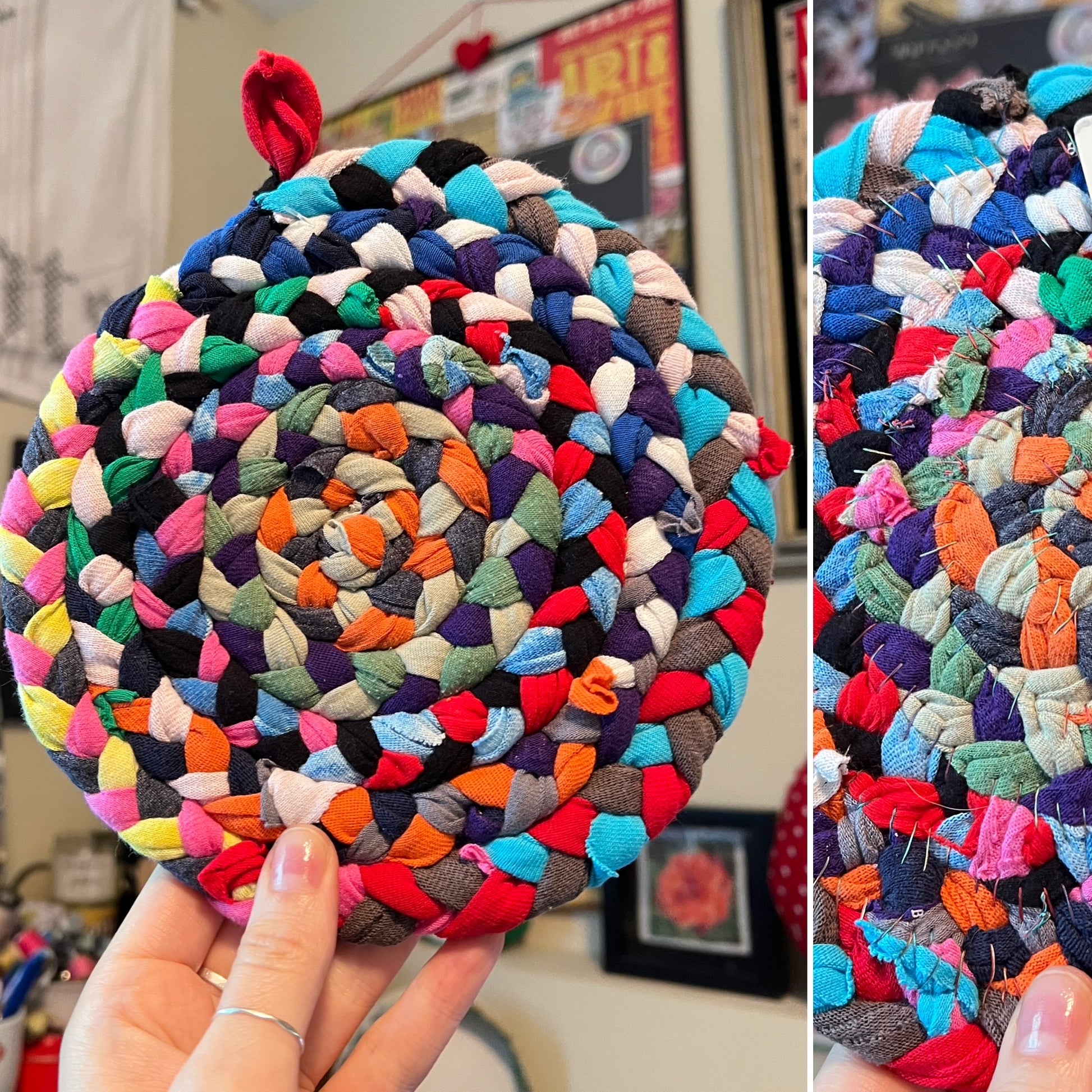 A handmade braided potholder or trivet held in a hand, made from many colorful fabric strips woven into a spiral pattern. A close-up inset on the right shows the detailed braided and handsewn texture.