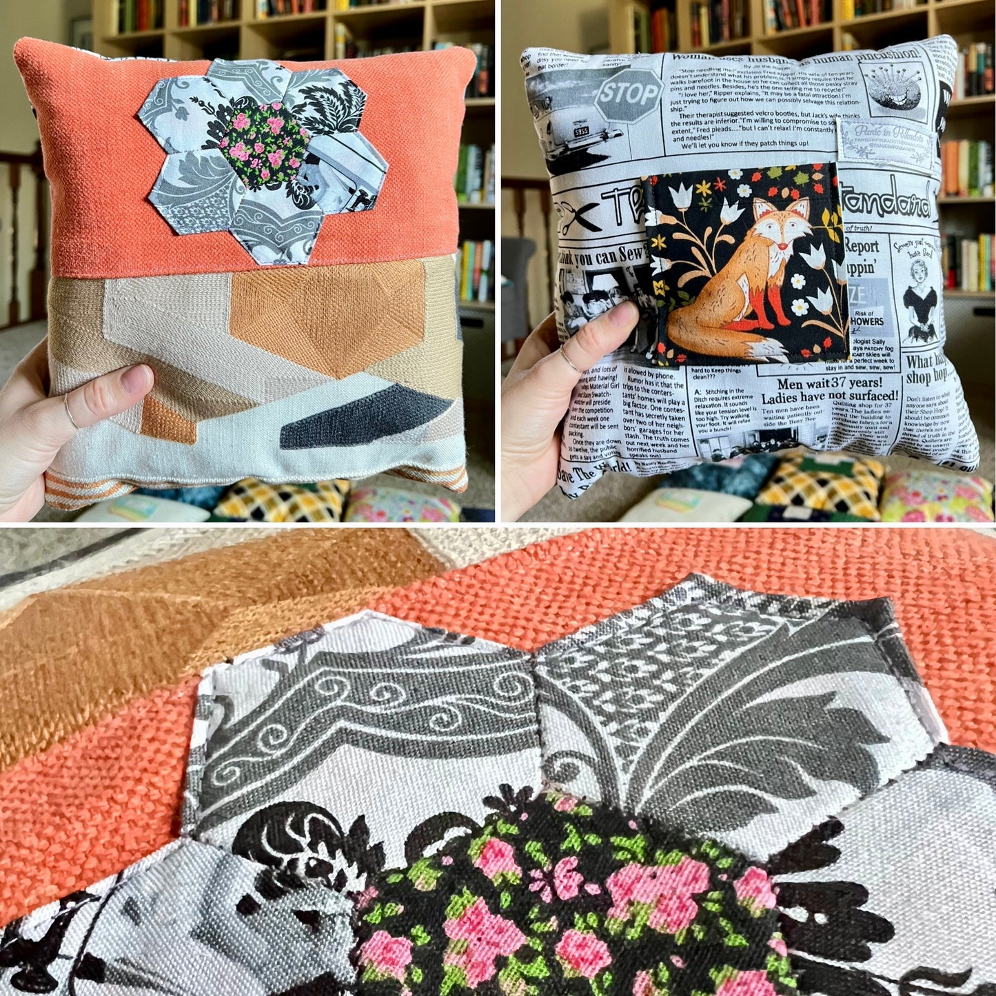 A collage showing a handmade patchwork pillows being held by hands, with a close-up of the fabric patterns at the bottom. The pillows feature a mix of orange, beige, black, white, and pink floral fabrics.
