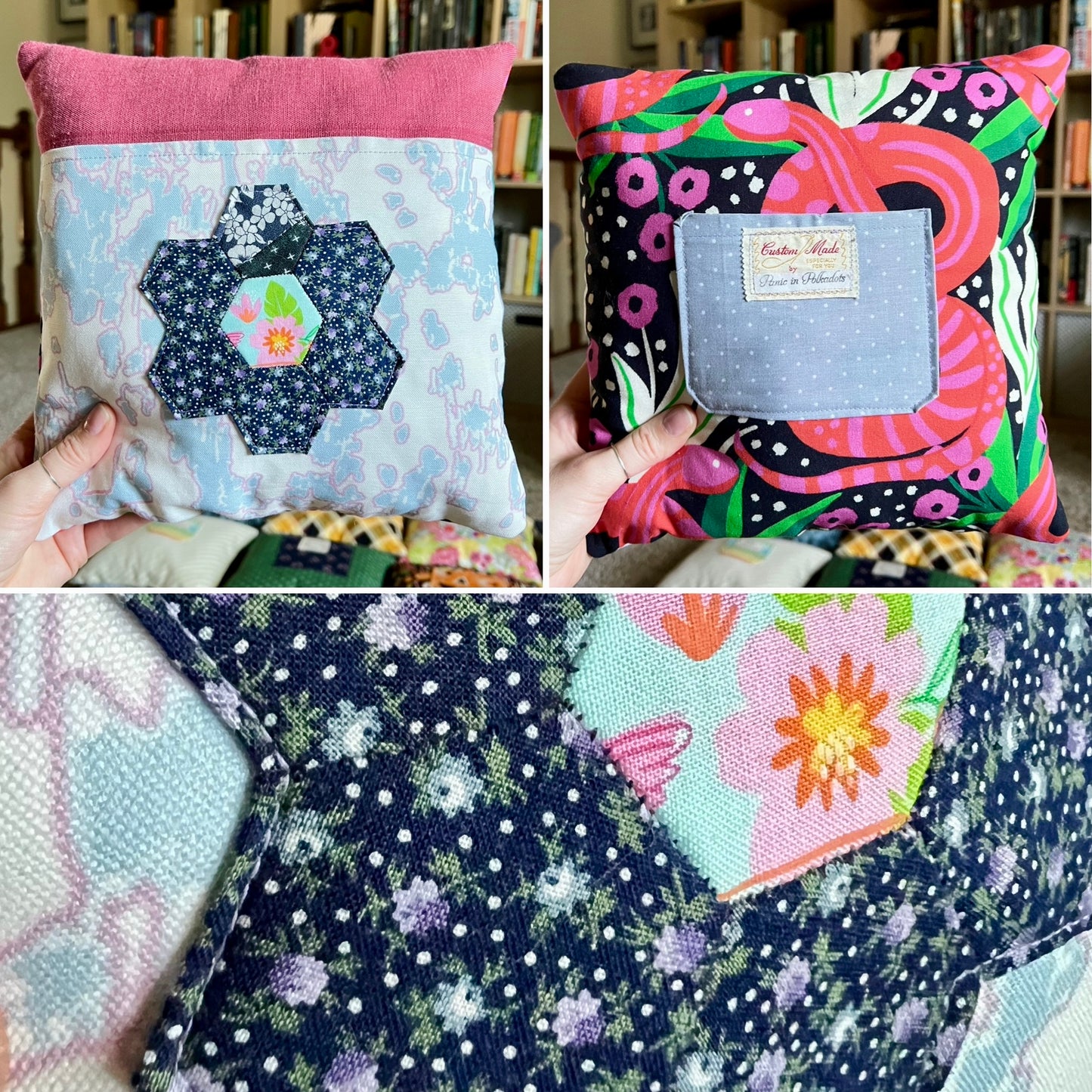 A three-panel collage showing a handmade patchwork pillow being held by hands in a home setting, with a close-up detail panel at the bottom. The pillow features a variety of colorful fabrics including navy floral, light blue, pink, and green patterns, with a pink top border and a light blue pocket.