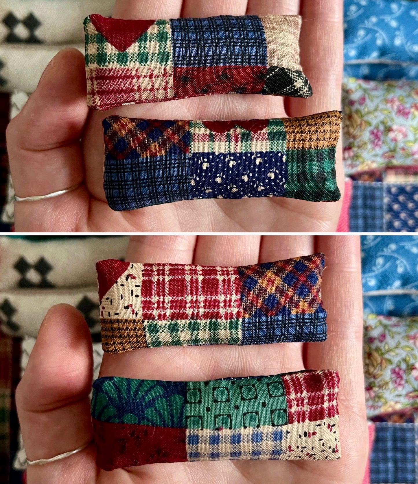 Two dollhouse pillows with a printed quilt plaid pattern, showing front and back