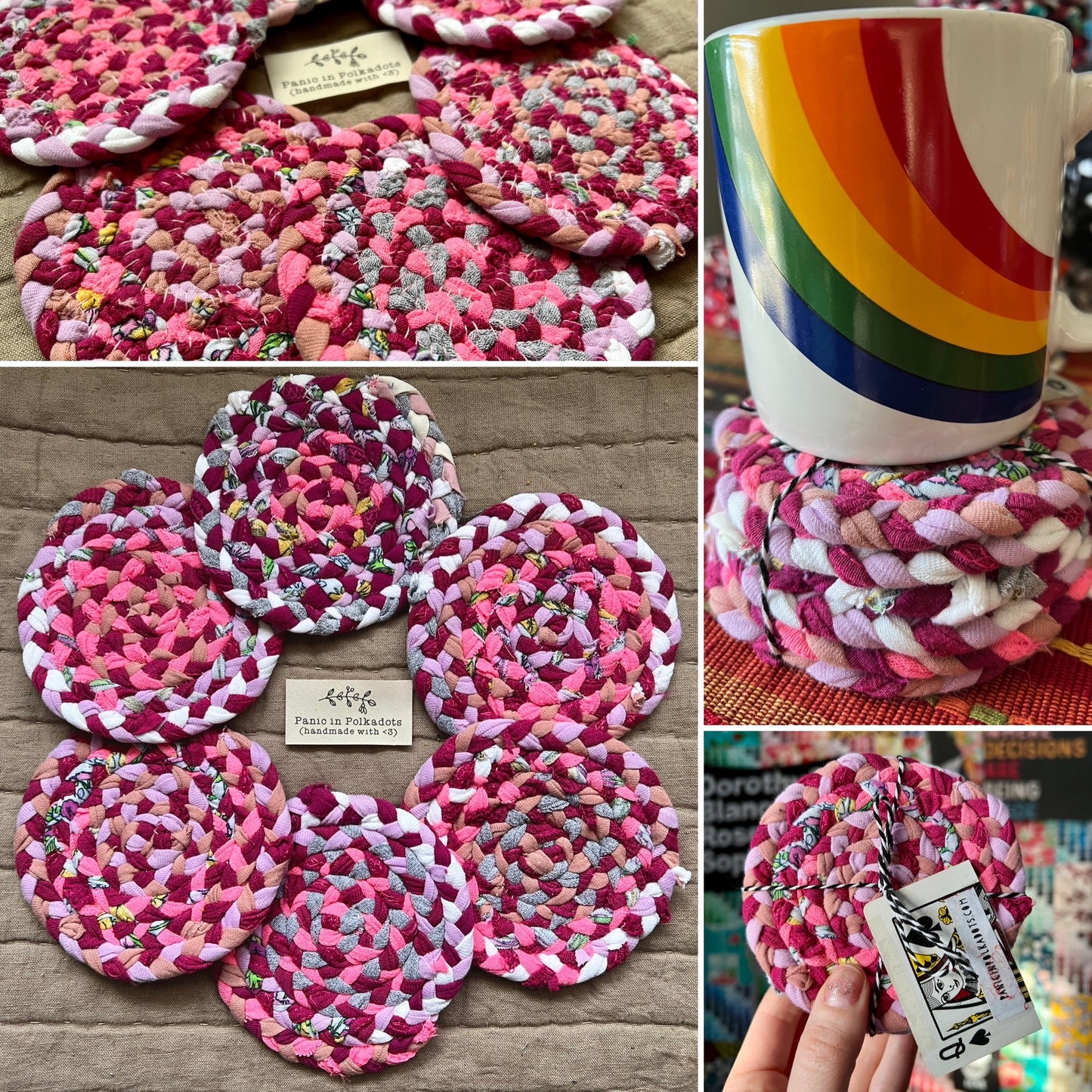 Hand braided and Handsewn coasters, set of six, in a photo grid which shows front, zoom detail back, under a mug, and held up for scale