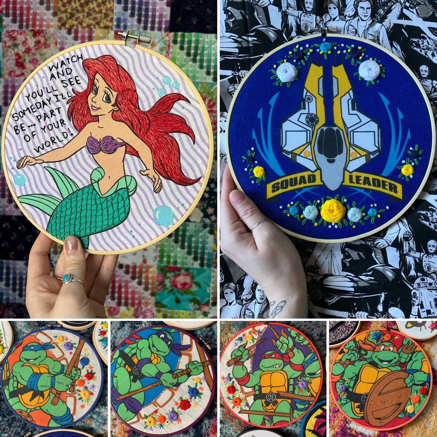 Embroidery Hoop Wall Art - Teenage Mutant Ninja Turtles TMNT - Ariel Little Mermaid - Star Wars Squad Leader