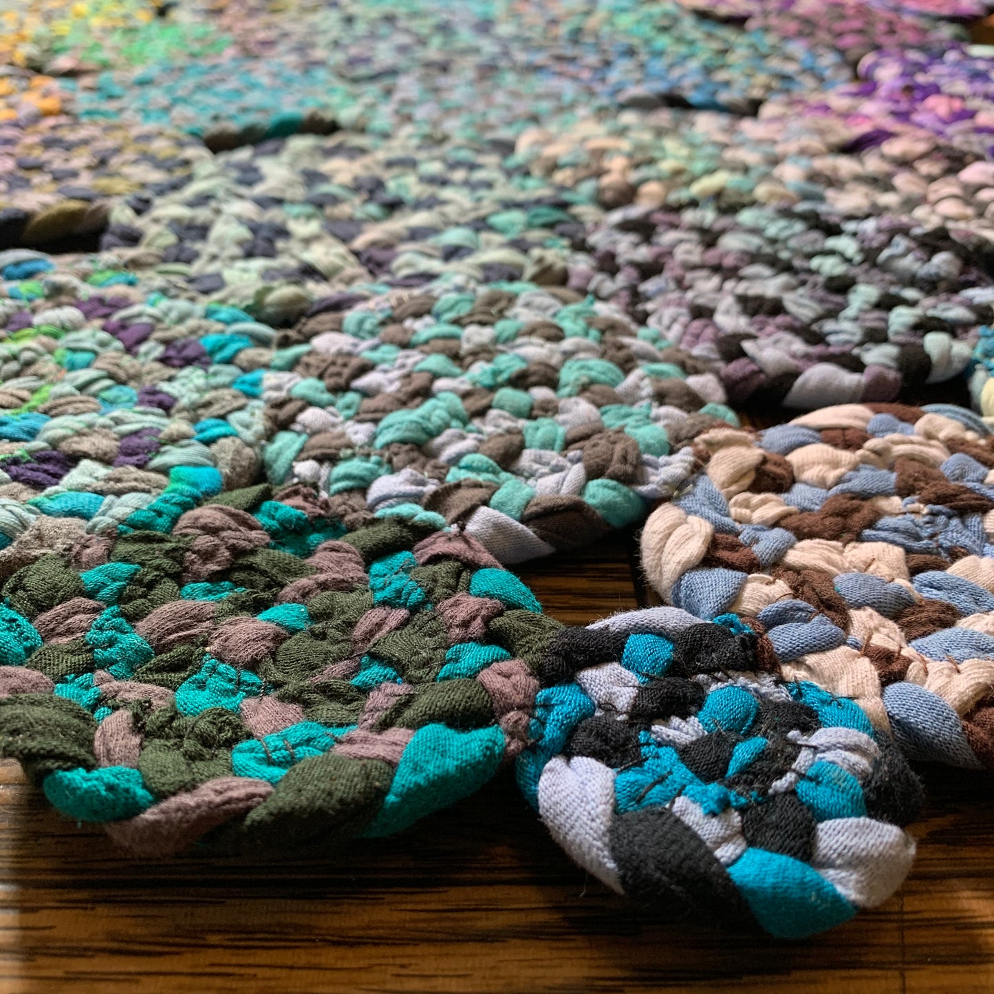 close up view of rectangular rainbow rug