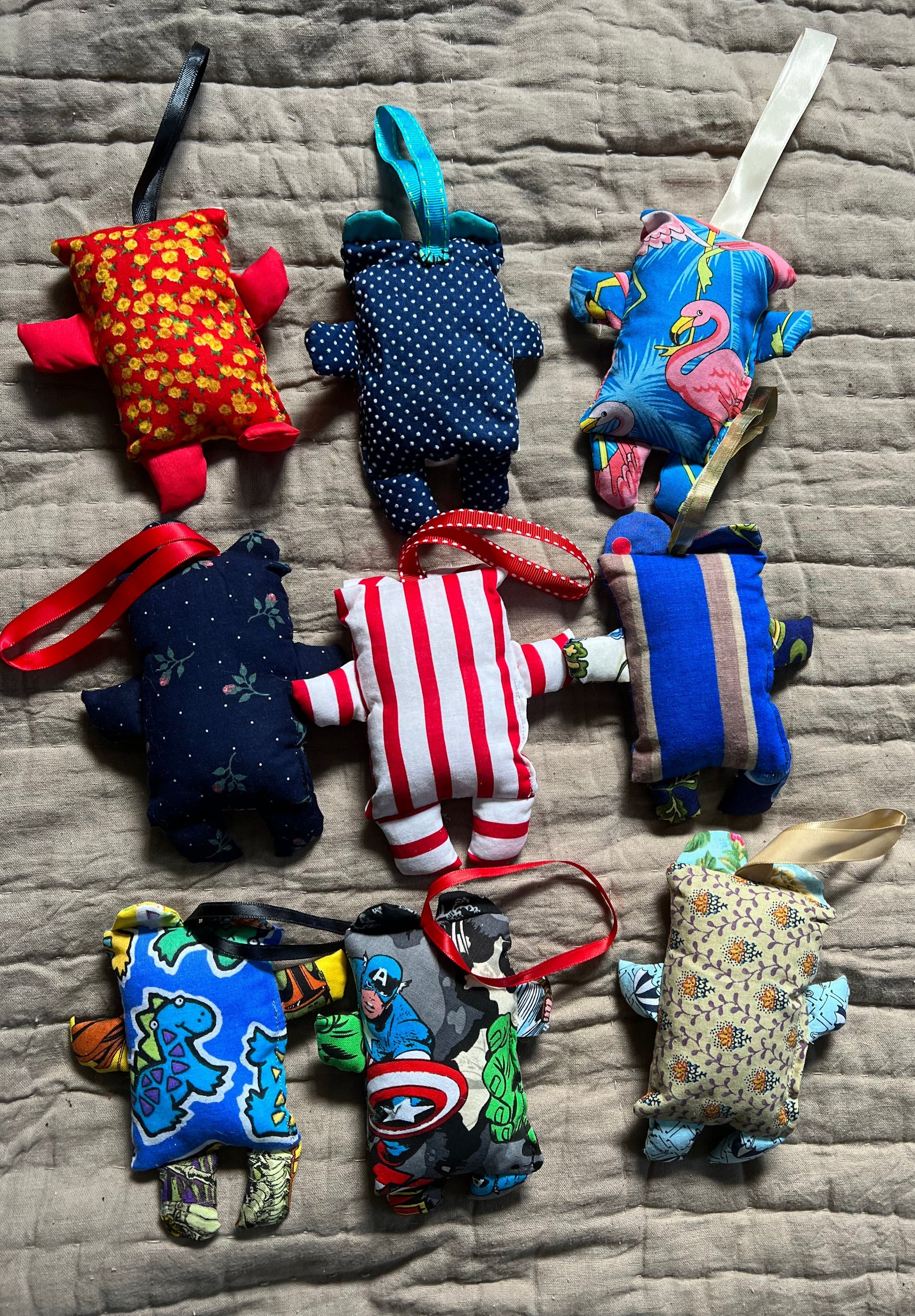 back view of mini bear keychain ornaments, aerial view flat lay.