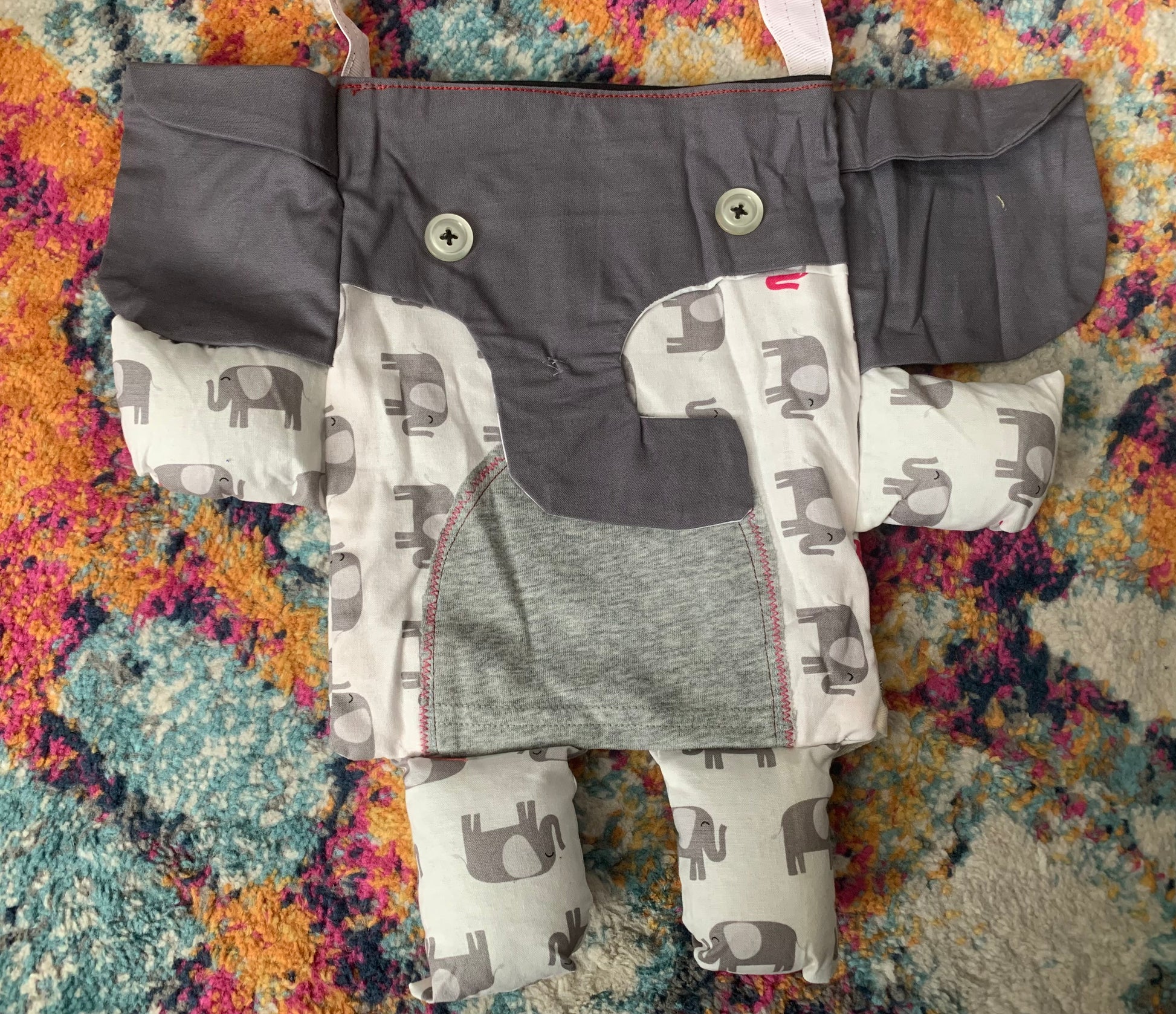 elephant tote bag. Grey trunk and ears, elephant print body, with grey tummy.