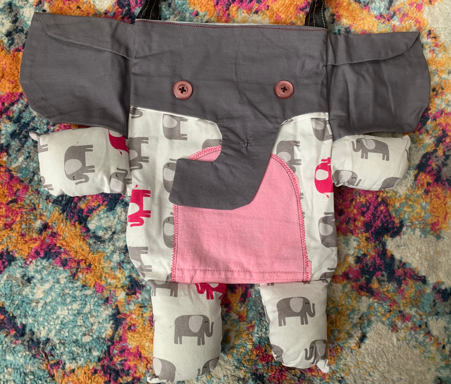 elephant tote bag with Grey trunk and ears, elephant print body, with pink tummy.