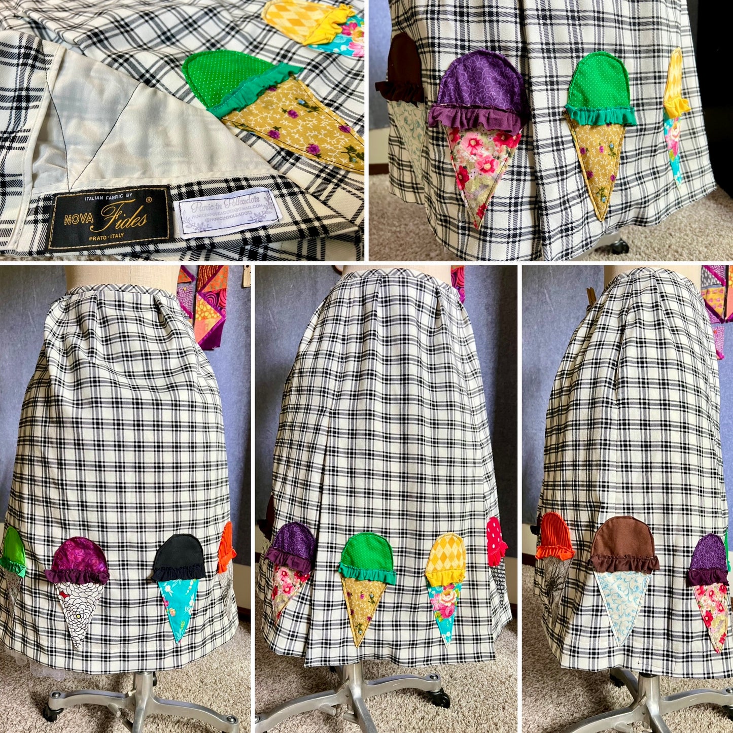 A black-and-white plaid quilted fabric skirt with colorful patchwork ice cream cone pockets, shown in a multi-panel collage on a mannequin in a home setting.