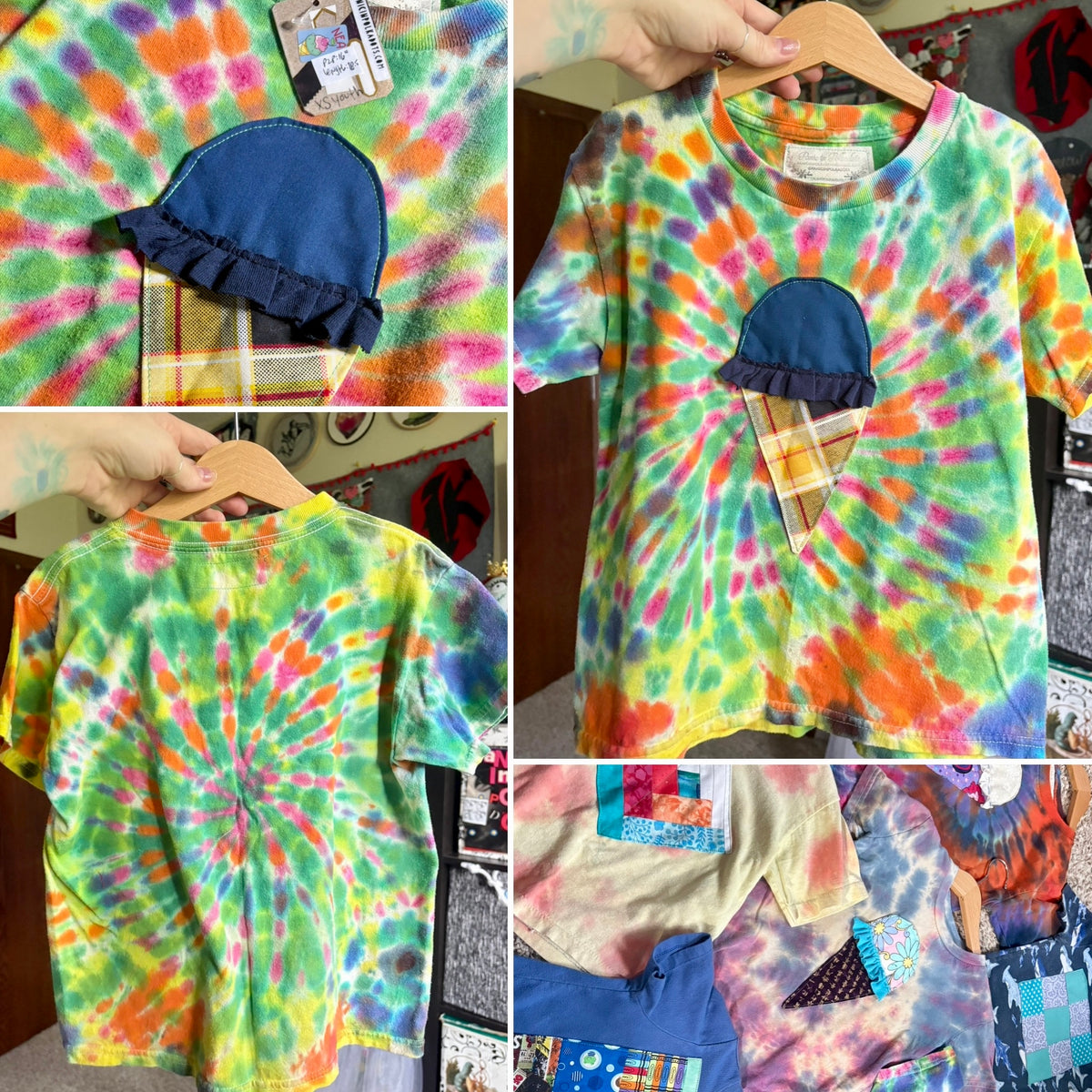 A collage showing a colorful tie-dye T-shirt from multiple angles, including a close-up of the fabric pattern, the front with a ruffled denim hat patch and plaid ice cream cone detail, the back, and a bottom detail panel. The shirt has a vibrant multicolor spiral tie-dye pattern in green, yellow, orange, pink, and blue.