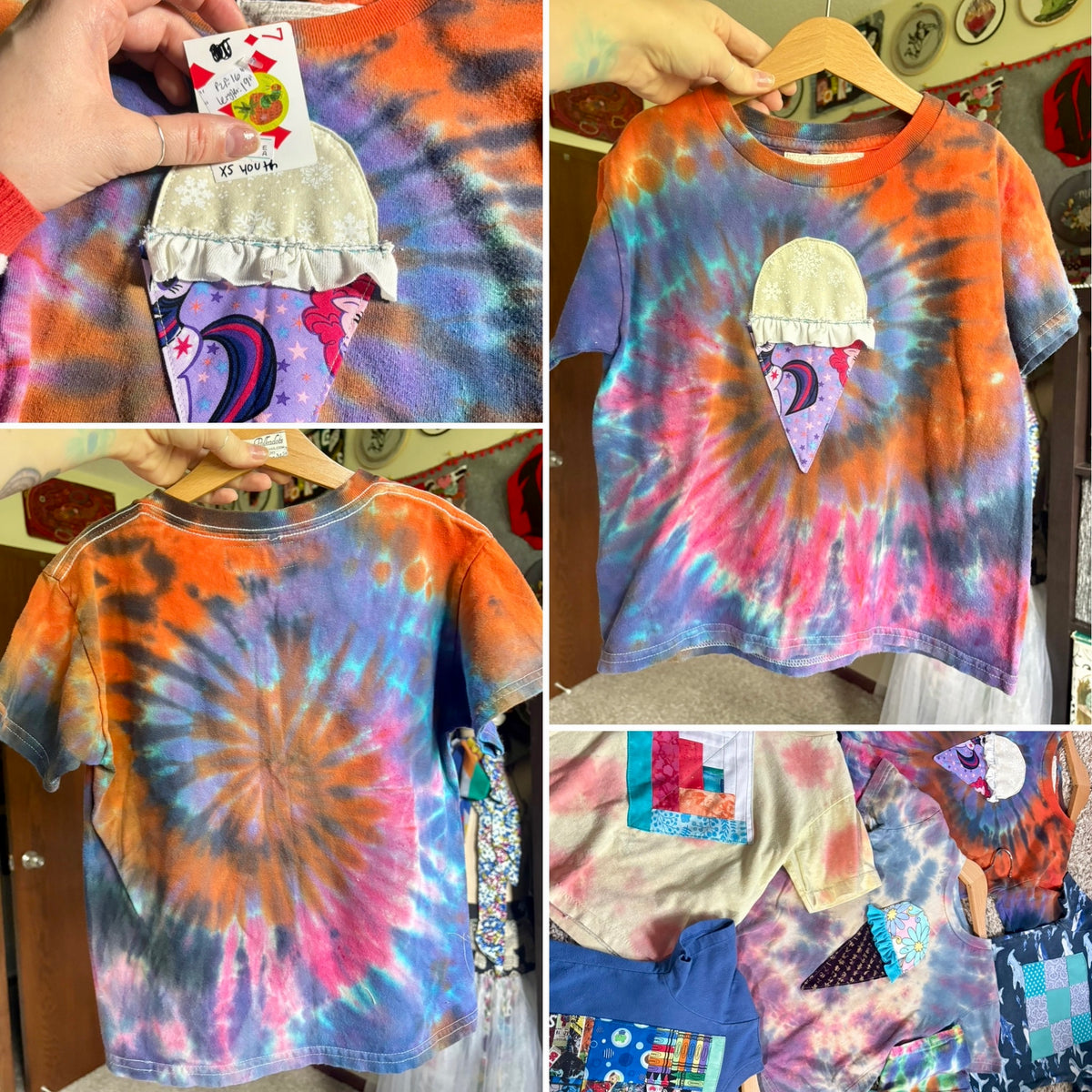 A collage showing a colorful tie-dye T-shirt from multiple angles, including the front, back, and a close-up of the inside neck label. The shirt has a spiral tie-dye pattern in orange, blue, pink, and purple, with a patchwork-style ice cream cone graphic on the front.