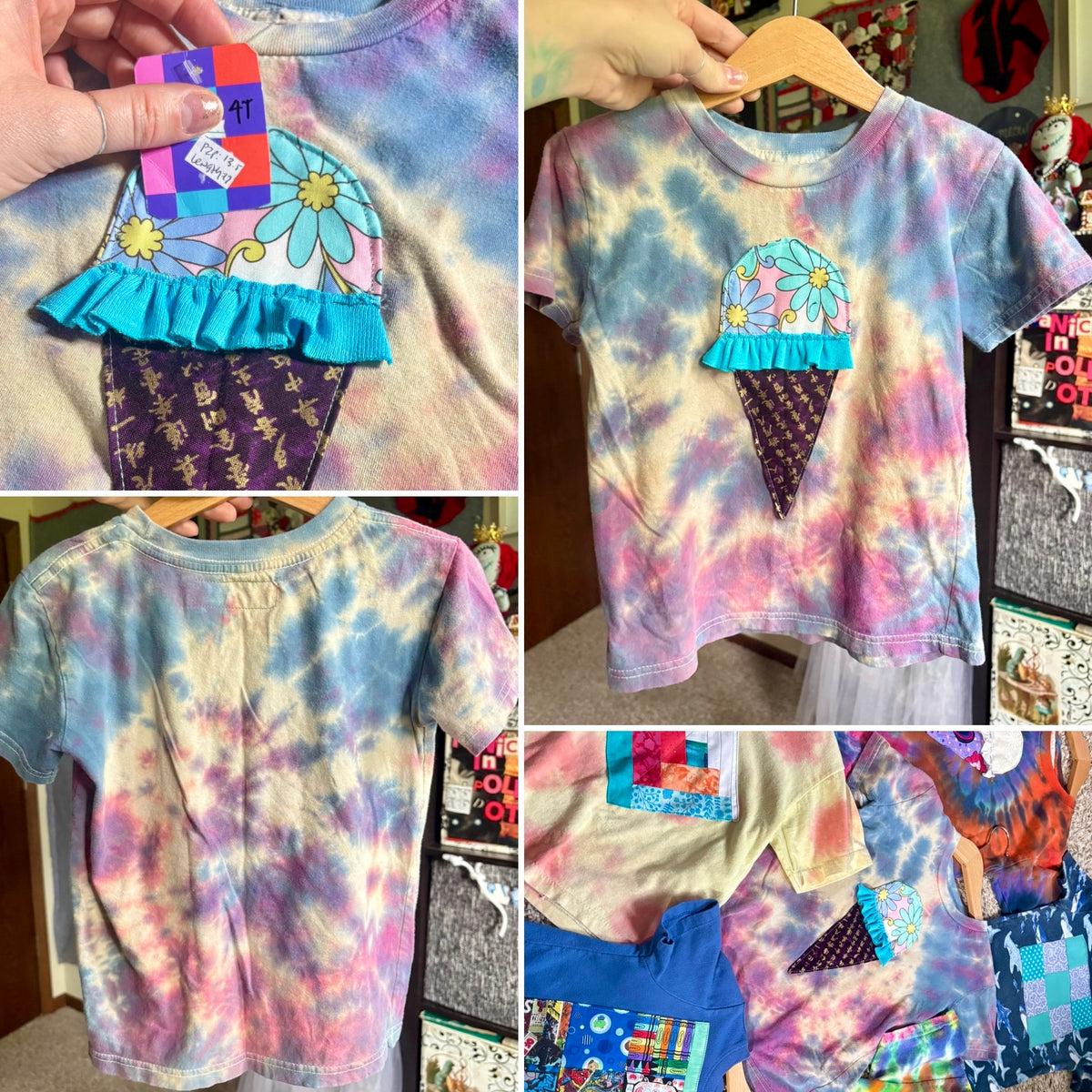 A collage showing multiple views of a children's short-sleeve tie-dye T-shirt. The shirt has a pastel rainbow blend of blue, pink, purple, and yellow, with a central applique patch depicting a flower-daisy ice cream cone and a ruffled turquoise border.