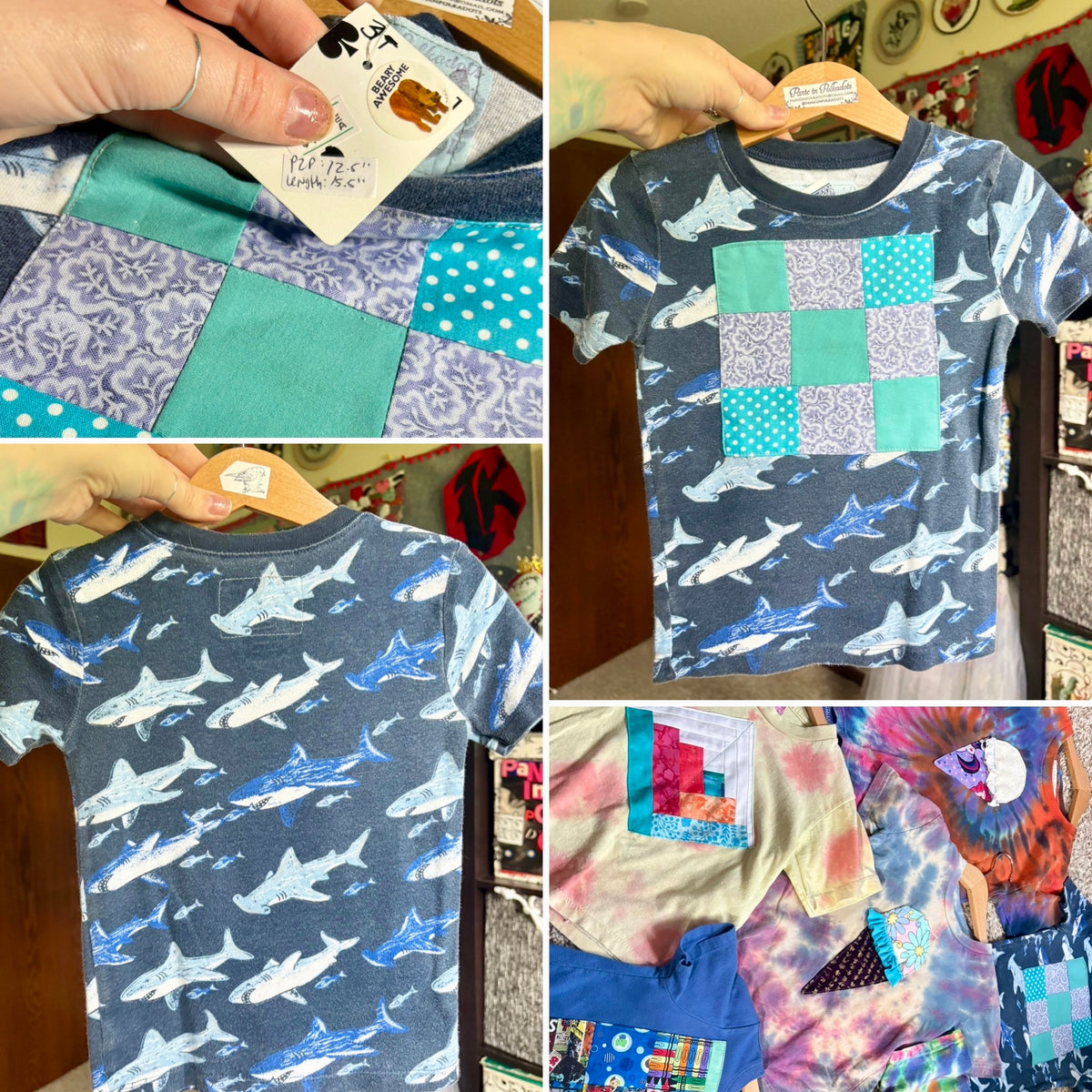 A four-panel collage showing a children's short-sleeve T-shirt from multiple angles. The shirt has a blue-gray base with white shark prints on the front and back, plus a patchwork-style chest panel in teal, light blue, and lavender.