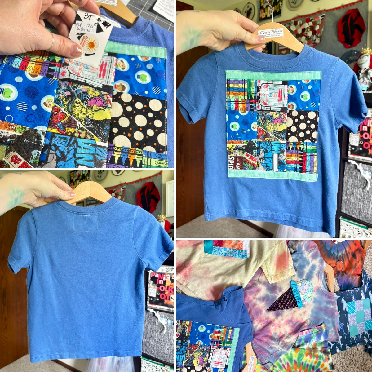 A collage showing a blue short-sleeve T-shirt from multiple angles, including a front view with a colorful patchwork-style graphic panel, a back view, and close-ups of the fabric pattern. A hand is visible holding the shirt on a hanger in several panels.