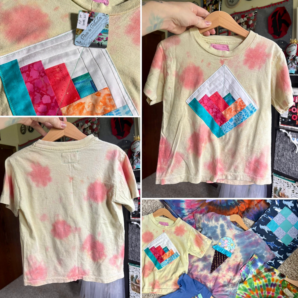 A collage showing a short-sleeve T-shirt from multiple angles, including the front, back, and a detail of a matching quilted patchwork pocket. The shirt has a pale yellow base with pink tie-dye spots and a colorful diamond-shaped patchwork applique on the chest.