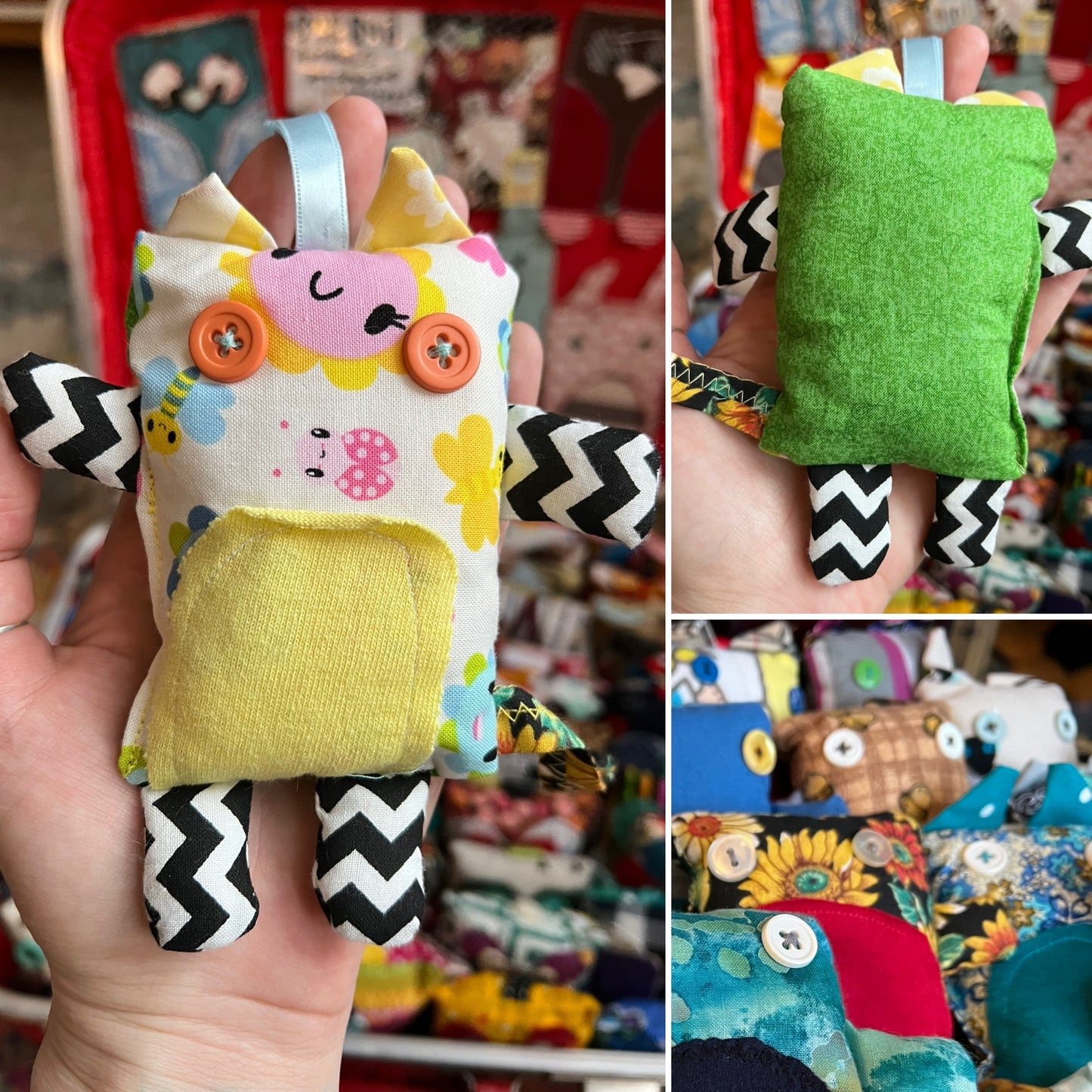 Collage of pics of a colorful fabric kitty with various patterns and designs.