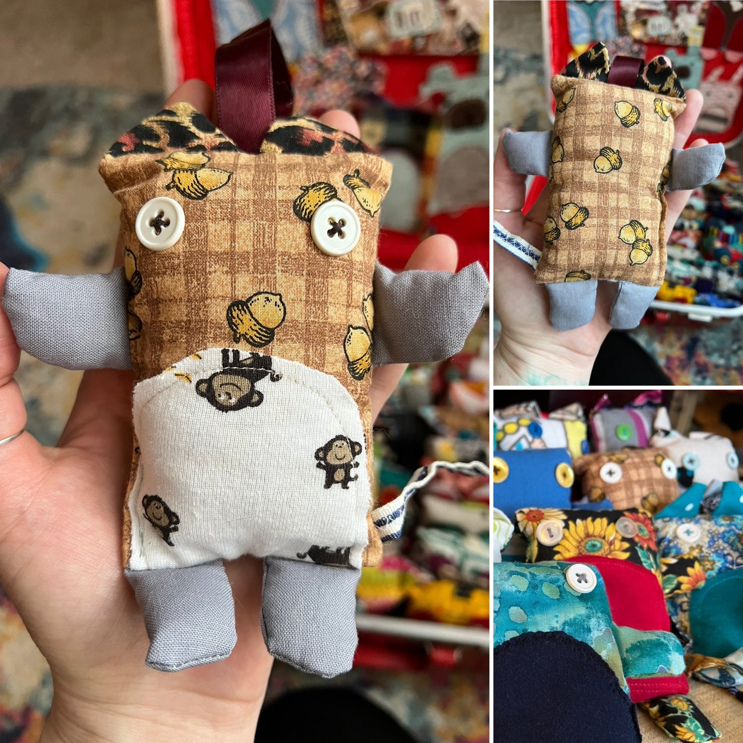 Collage of a small fabric creature held in a hand with various patterns and colors.