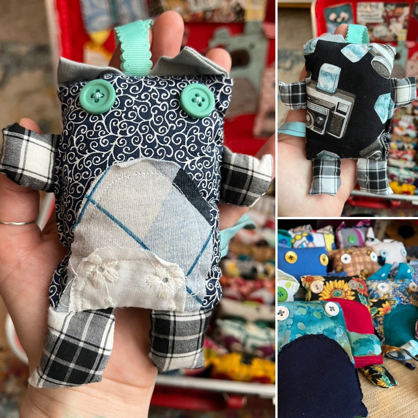 Handmade plush toy with plaid and patterned design held in a hand, with a blurred store background.