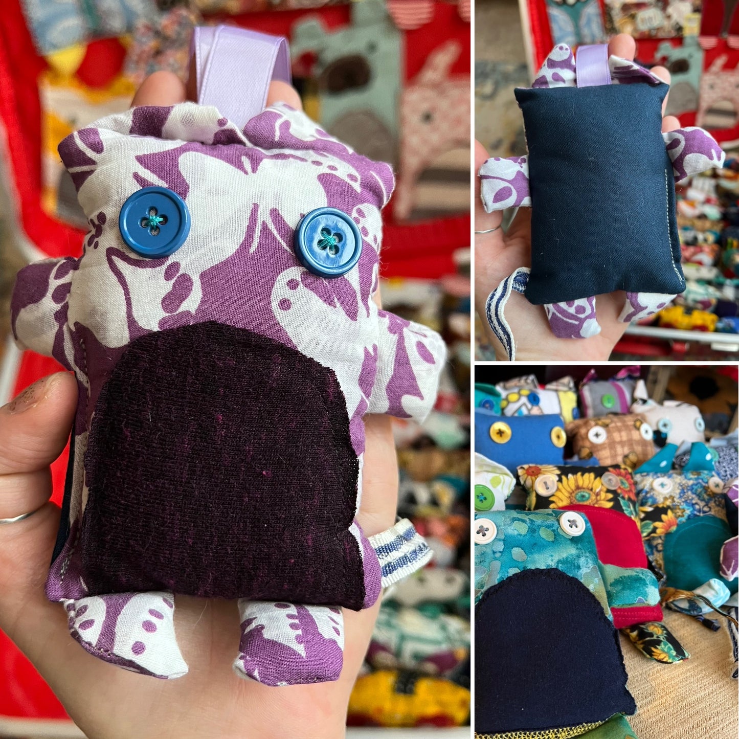 Collage of a hand holding a small fabric cat with purple and white pattern, blue button eyes, and a dark navy back.