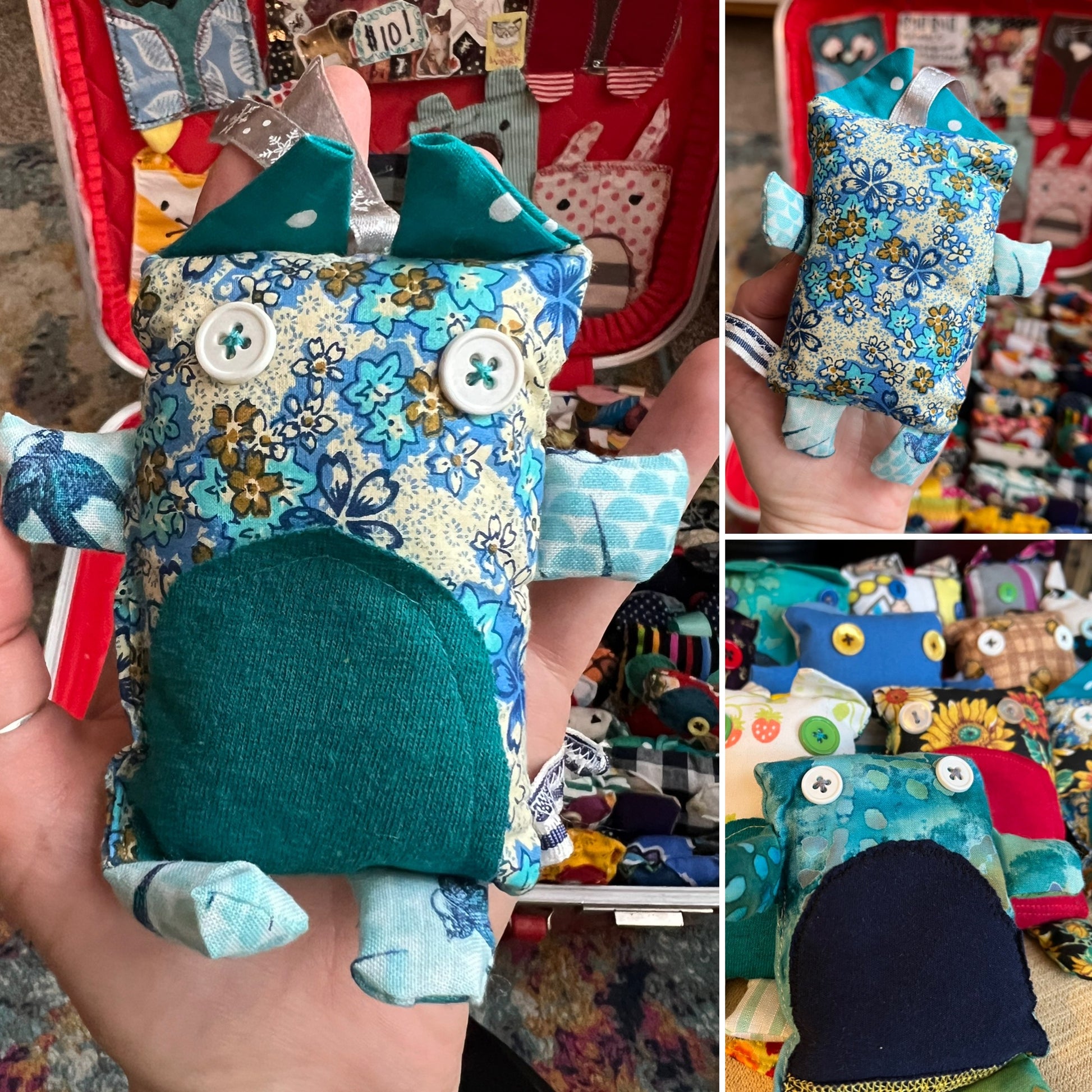 Collage of a blue and green fabric toy with floral patterns held by a person.