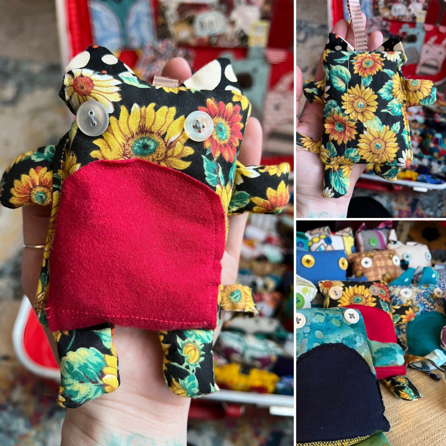 Colorful fabric cat toy with sunflower pattern held by a person with a blurred store background
