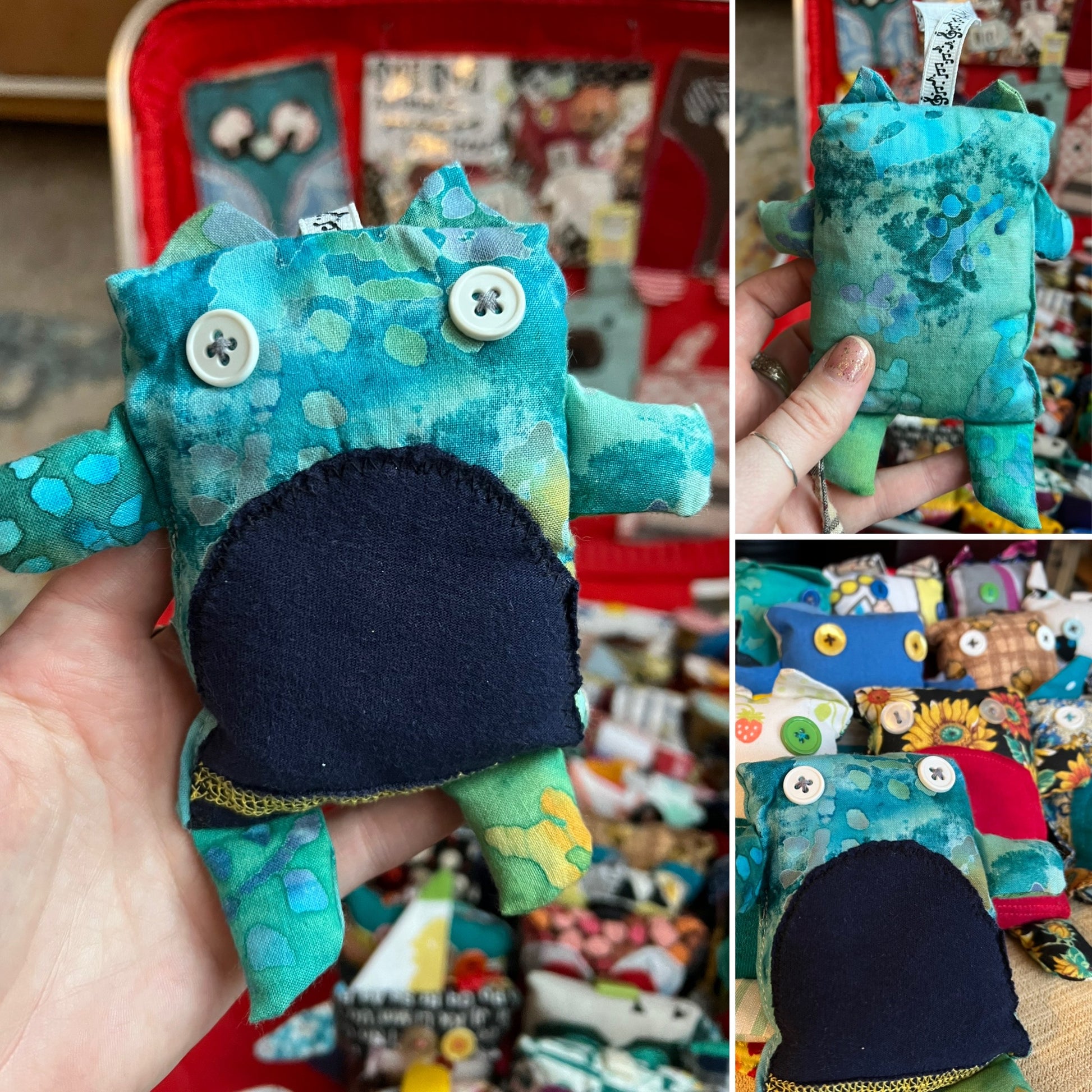 Collage of a hand holding a blue and green fabric cat toy with button eyes.
