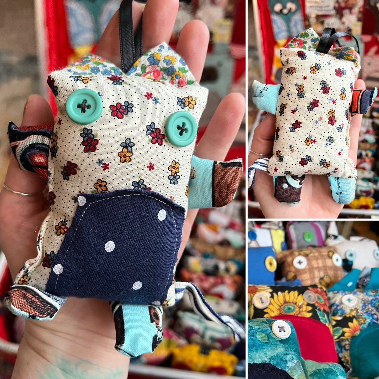 Collage of a hand holding a small fabric cat with floral pattern and buttons.