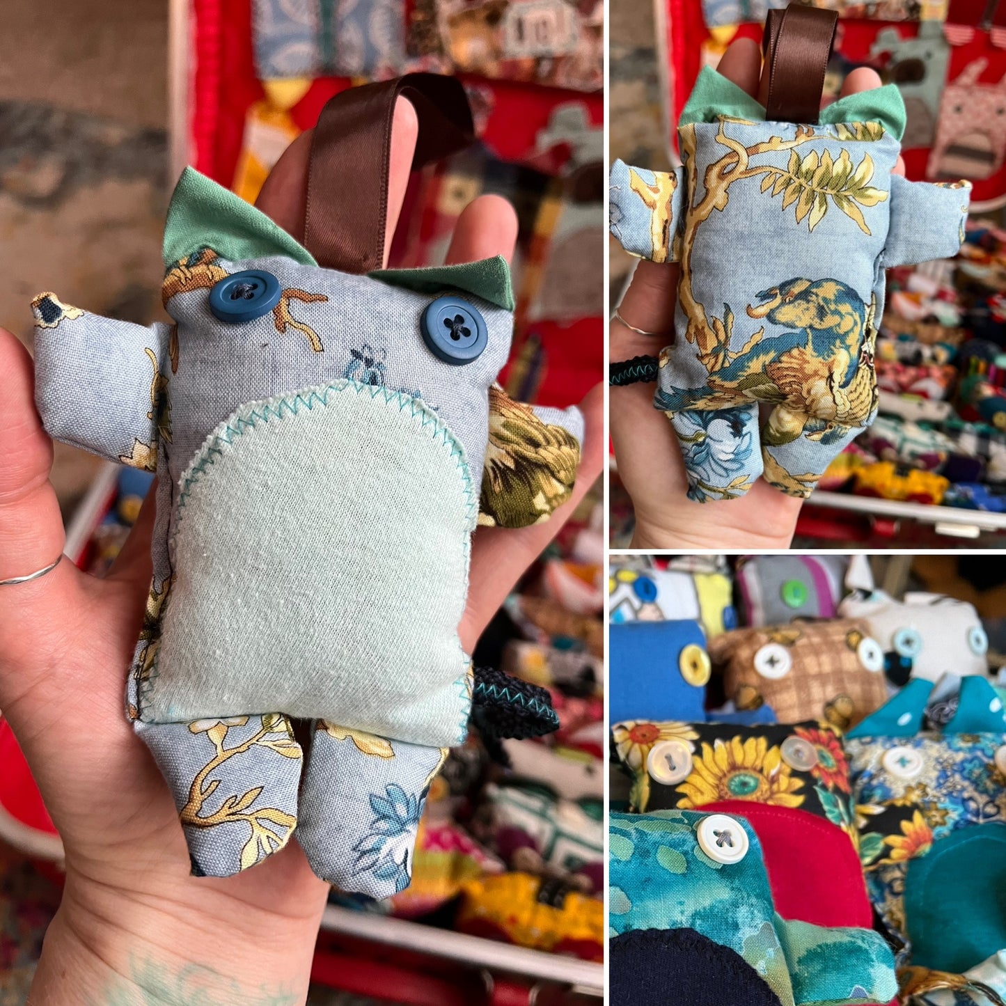 Collage of a hand holding a small fabric cat with embroidered details.