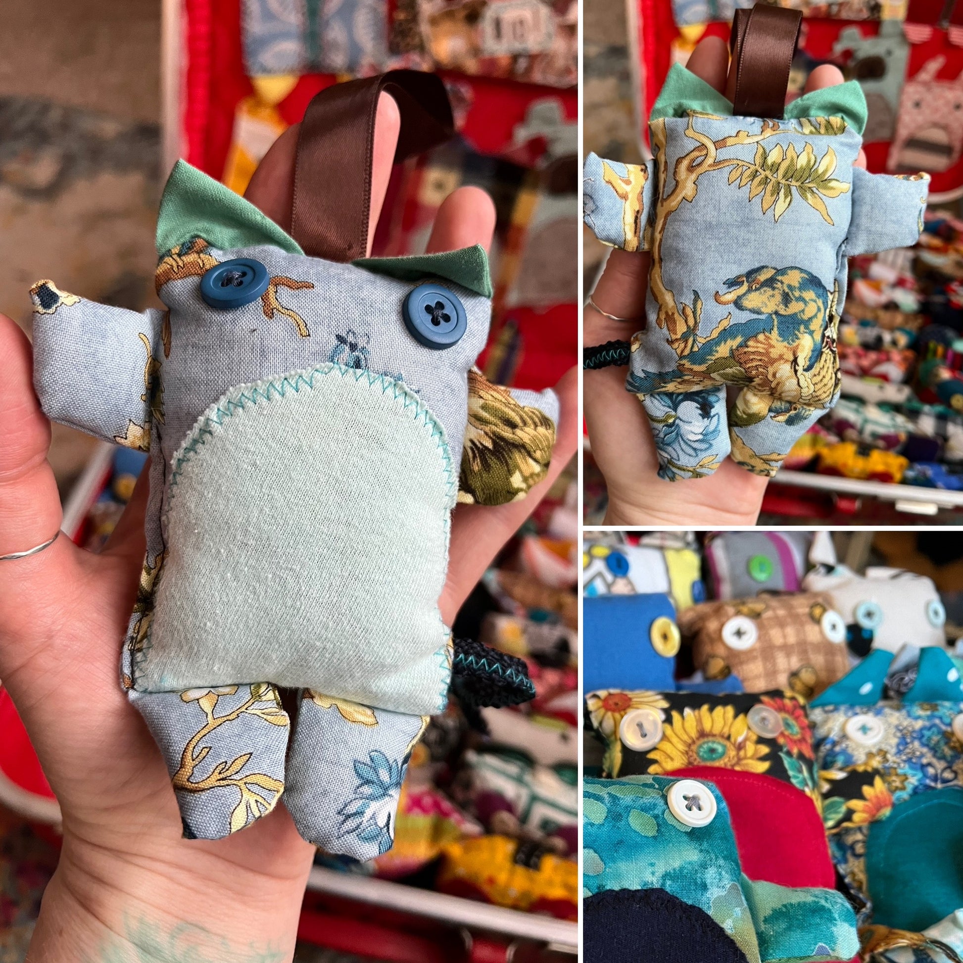 Collage of a hand holding a small fabric cat with embroidered details.