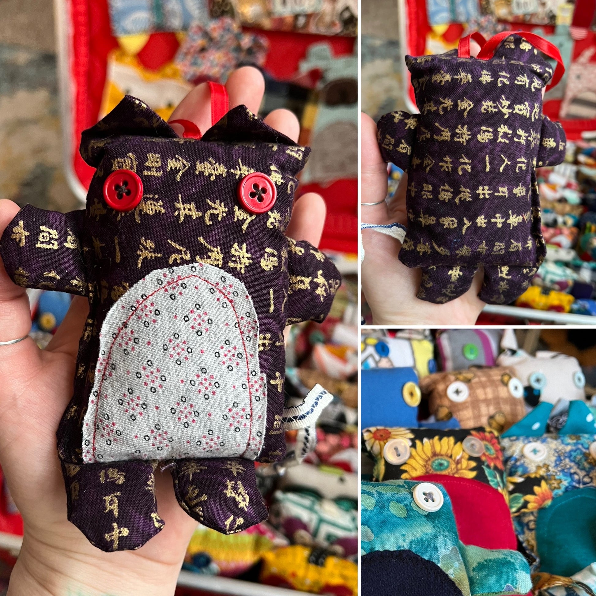 Collage of a small fabric creature with intricate patterns and designs.