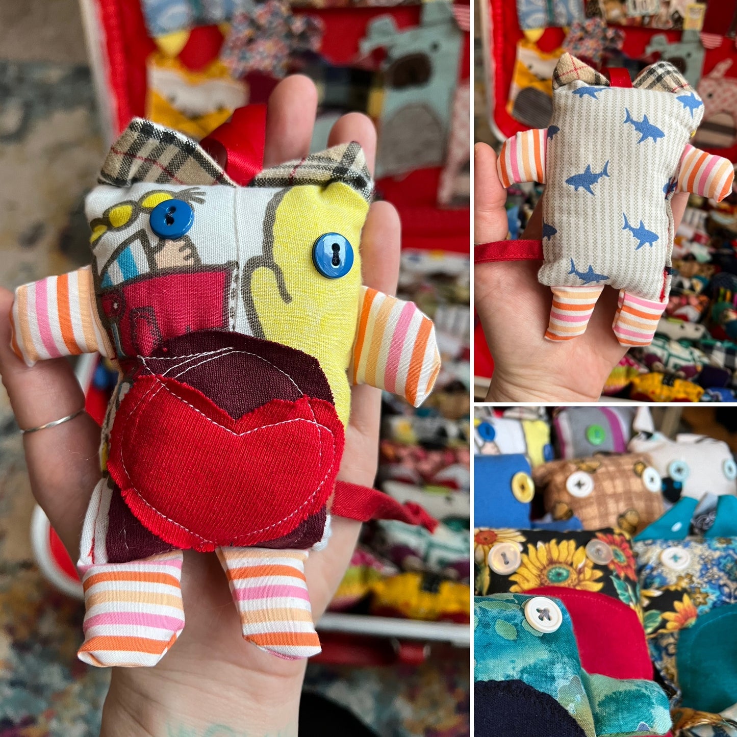 Collage of pics of a colorful fabric kitty with various patterns and designs.