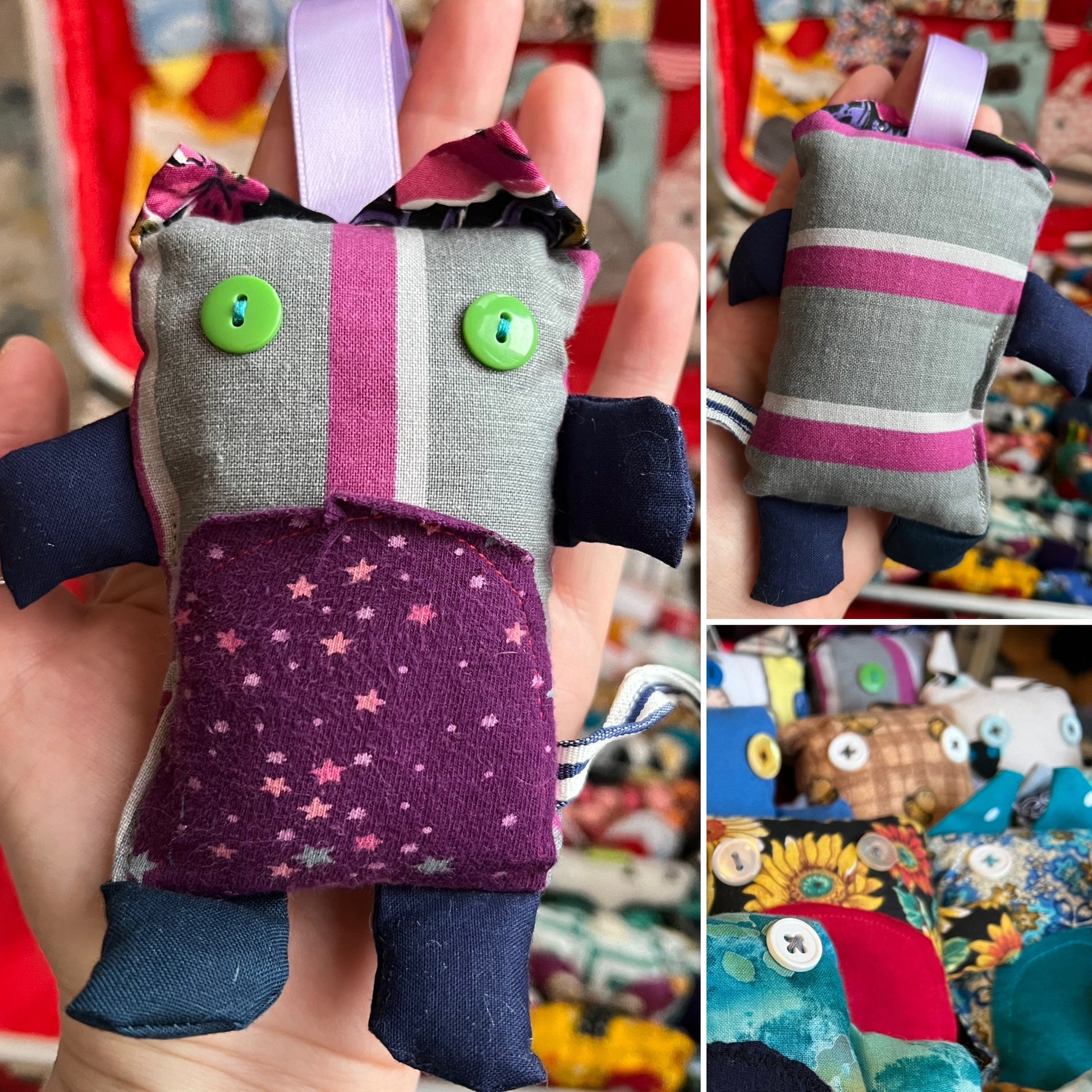 Handmade fabric toy with colorful pattern held by a person, set against a busy background.