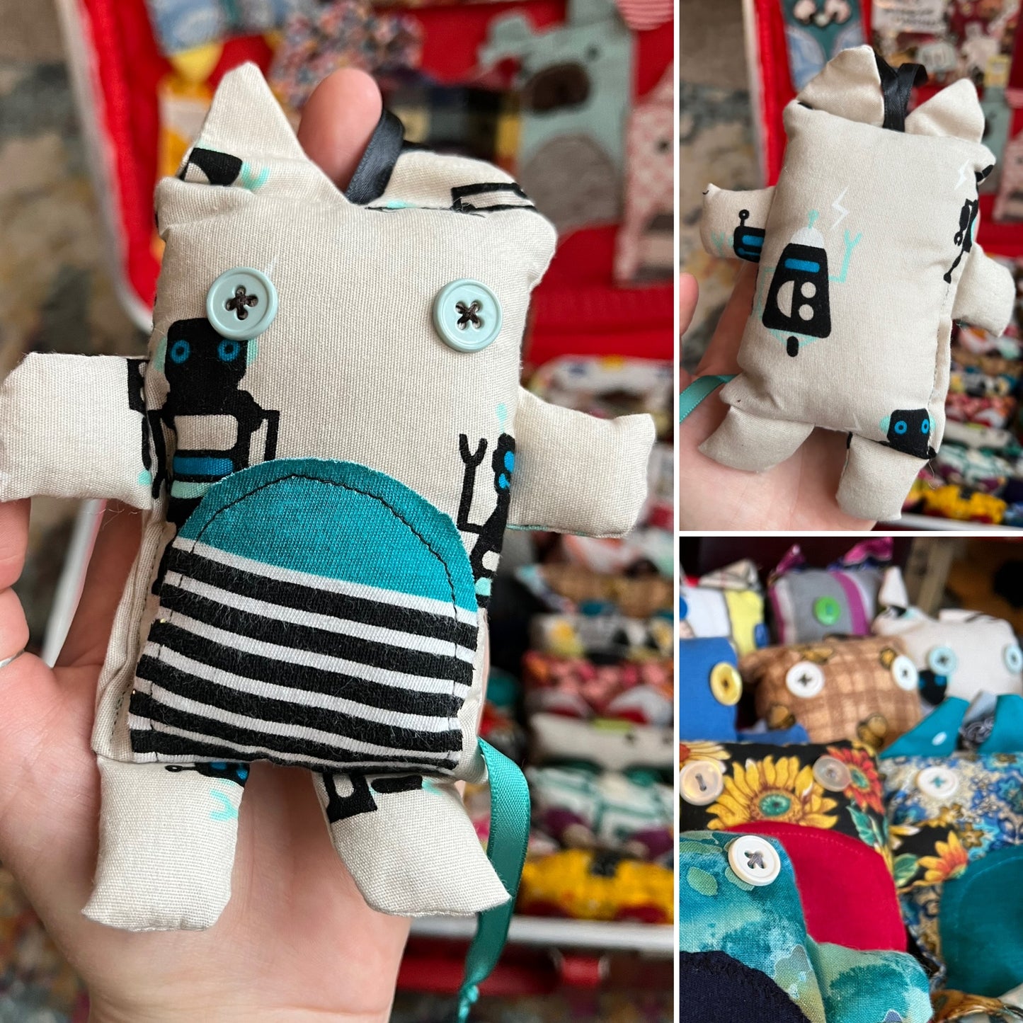 Collage of a hand holding a small fabric toy with buttons and stripes, set against a colorful background.