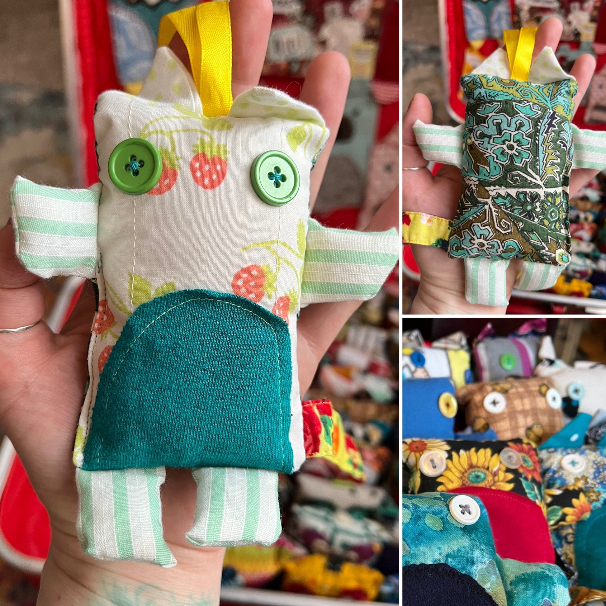 Collage of photos of a small fabric toy with colorful patterns and buttons, held by a person.