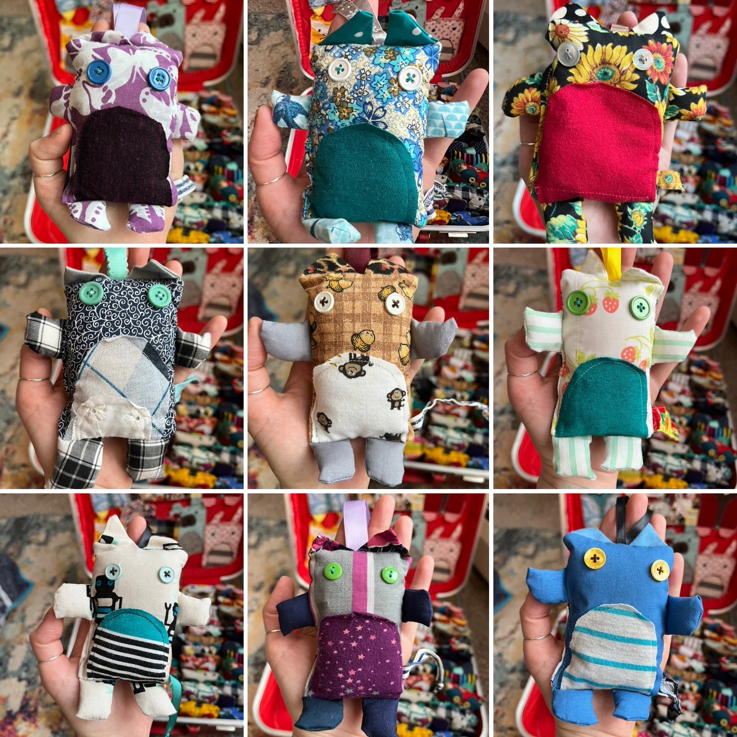 Collage of various handmade fabric kitty cats held by hands against a colorful background.