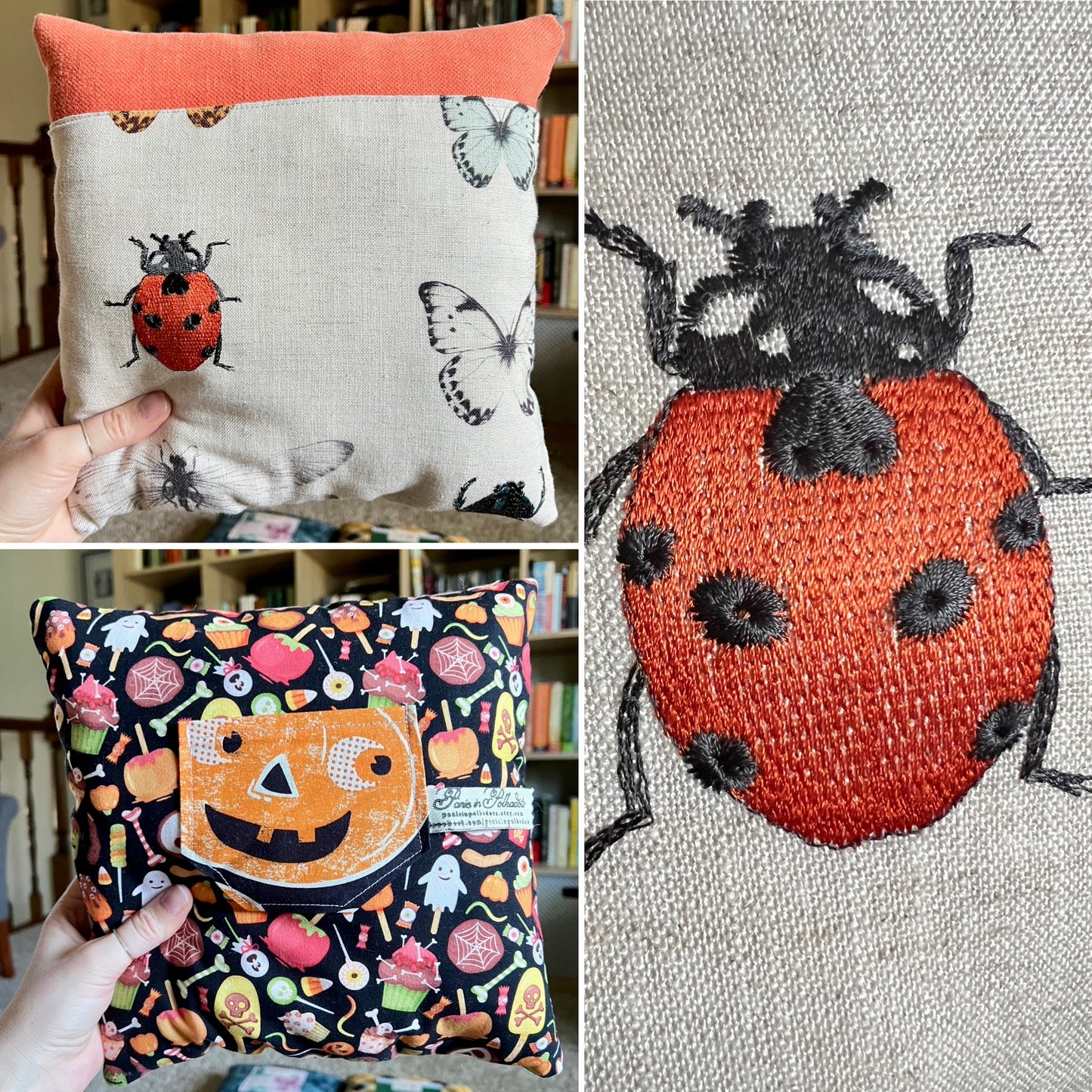 A collage showing a decorative throw pillow and a close-up of a ladybug embroidery. The top-left is the front and shows a coral top border and a cream linen background with embroidered ladybugs and butterflies. Back is a halloween print with jackolantern pocket