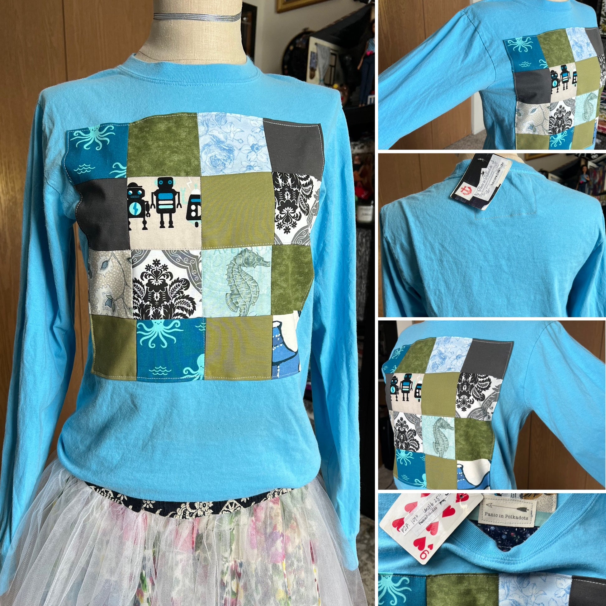 Blue long-sleeve shirt with patchwork design on a mannequin, surrounded by close-up shots.